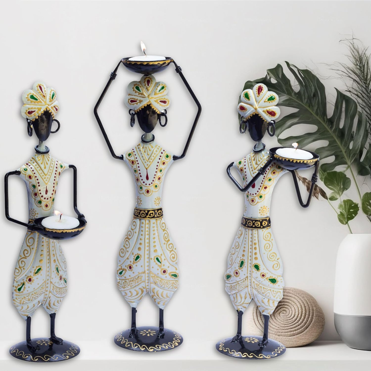 Tribal-Inspired Iron Tealight Holder Set - Hand-Painted and Rust-Resistant, Perfect for Home Decor and Gift Giving, Set of 3 Showpieces — photo — 8 of 8