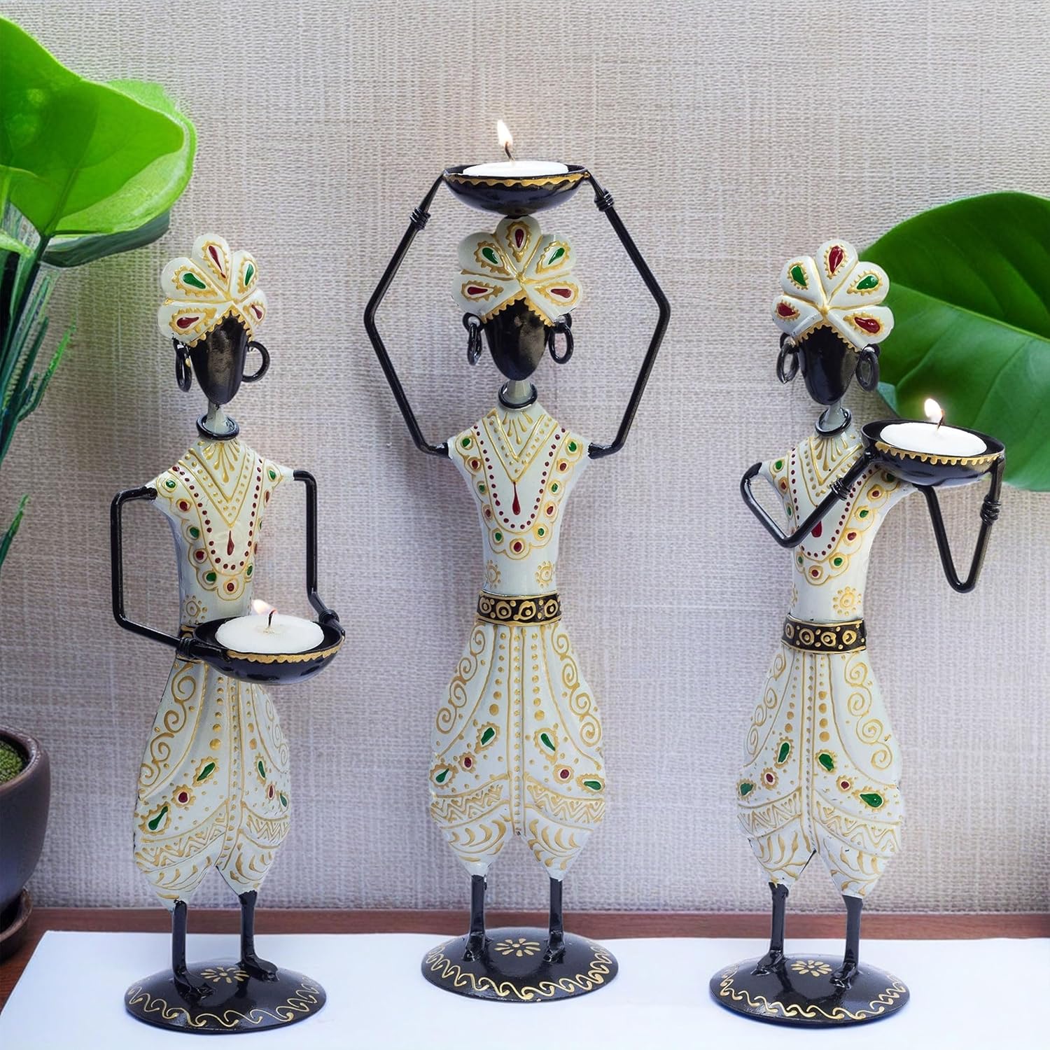 Tribal-Inspired Iron Tealight Holder Set - Hand-Painted and Rust-Resistant, Perfect for Home Decor and Gift Giving, Set of 3 Showpieces — photo — 3 of 8