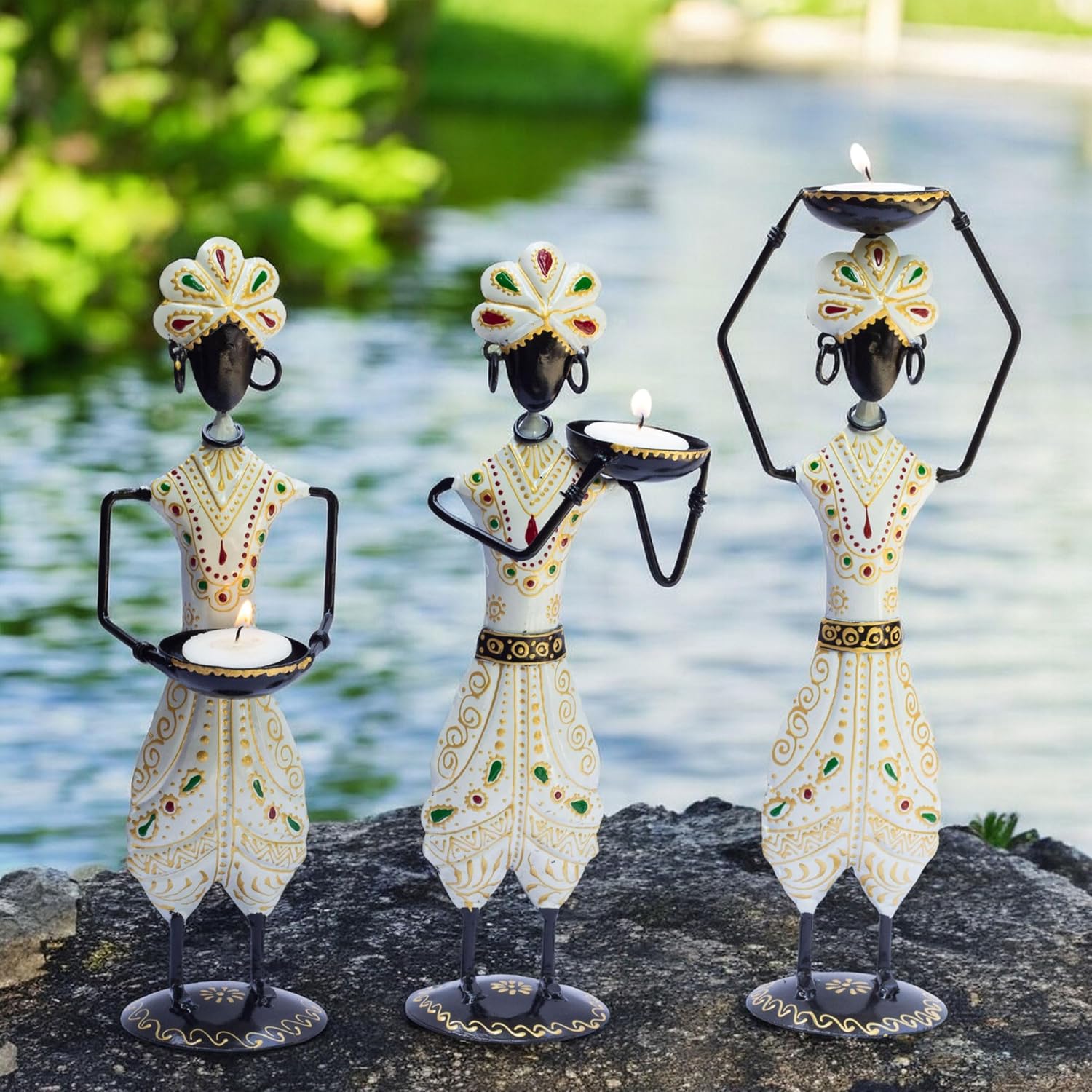 Tribal-Inspired Iron Tealight Holder Set - Hand-Painted and Rust-Resistant, Perfect for Home Decor and Gift Giving, Set of 3 Showpieces — photo — 4 of 8