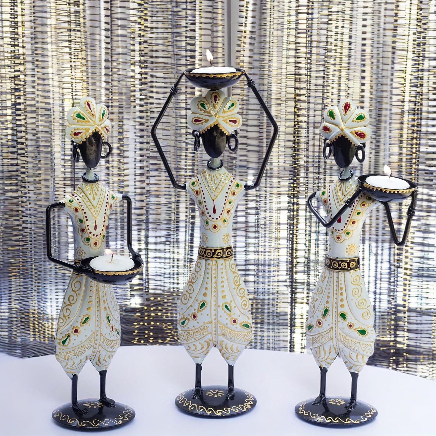Tribal-Inspired Iron Tealight Holder Set - Hand-Painted and Rust-Resistant, Perfect for Home Decor and Gift Giving, Set of 3 Showpieces — photo — 5 of 8