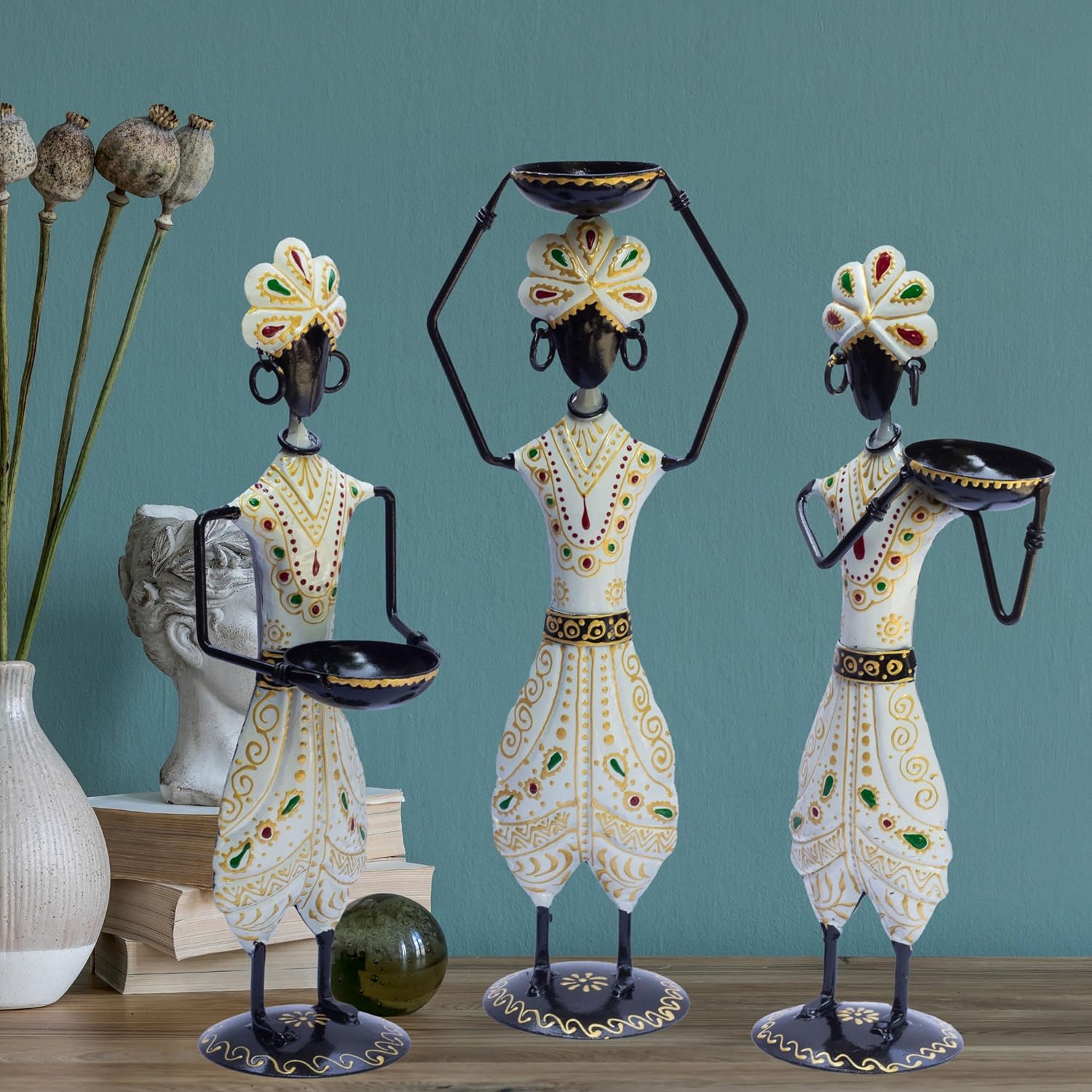 Tribal-Inspired Iron Tealight Holder Set - Hand-Painted and Rust-Resistant, Perfect for Home Decor and Gift Giving, Set of 3 Showpieces — photo — 2 of 8