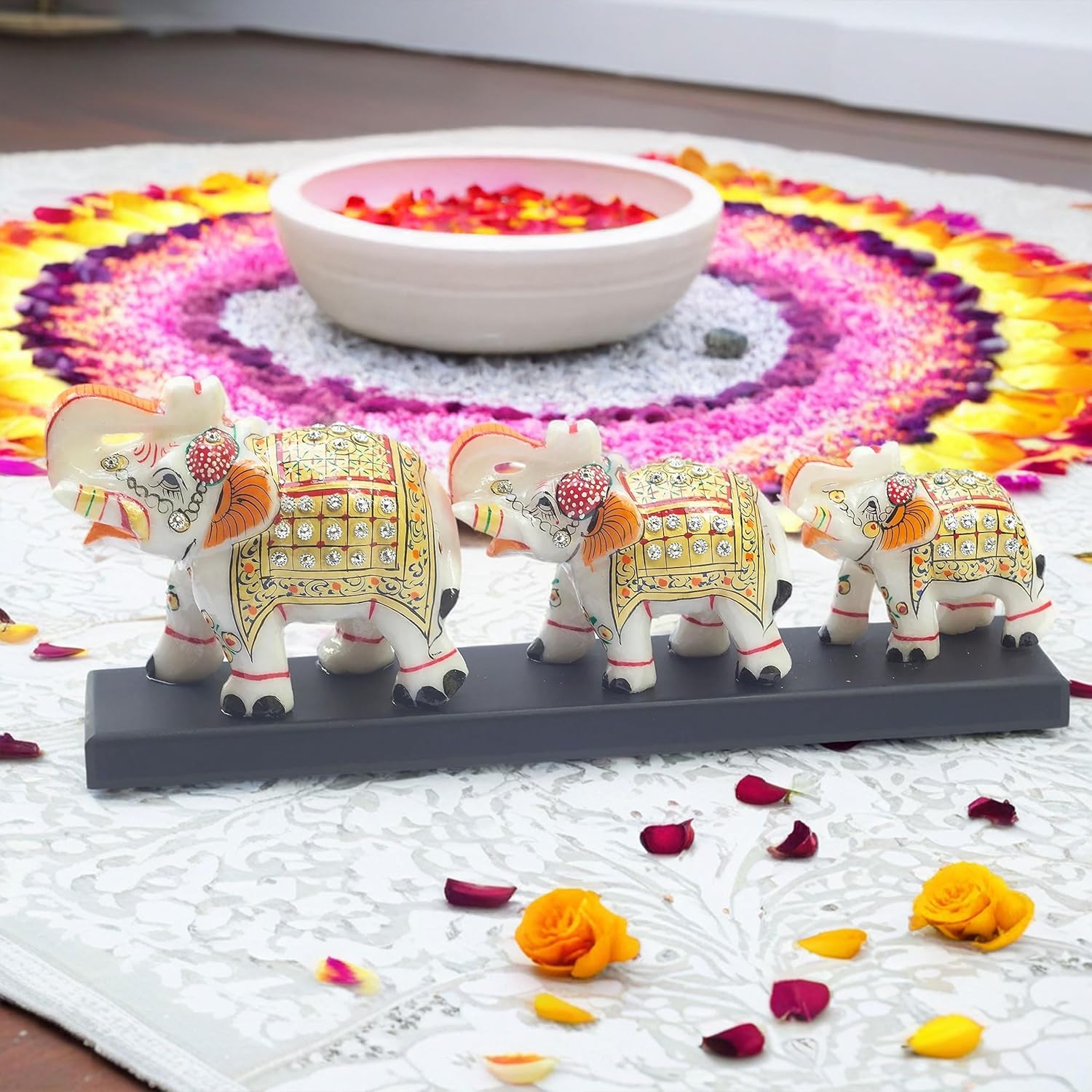 Three Marble Elephants on Wooden Base Gift Box Set for Diwali, Weddings, Grihpravesh, Corporate Gifting 4" 3" 2.5" Elephants (Set 3) — photo — 7 of 9
