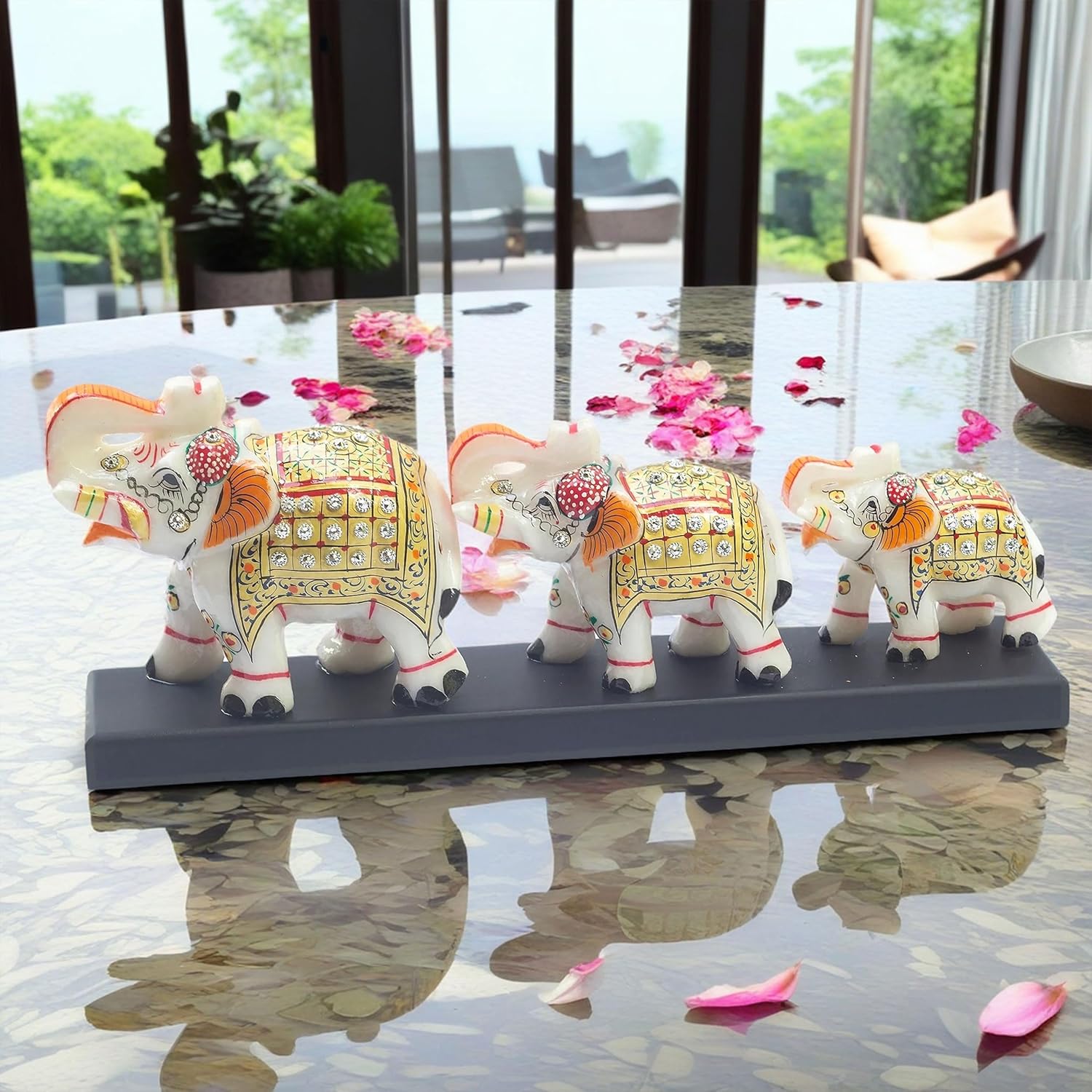 Three Marble Elephants on Wooden Base Gift Box Set for Diwali, Weddings, Grihpravesh, Corporate Gifting 4" 3" 2.5" Elephants (Set 3) — photo — 4 of 9