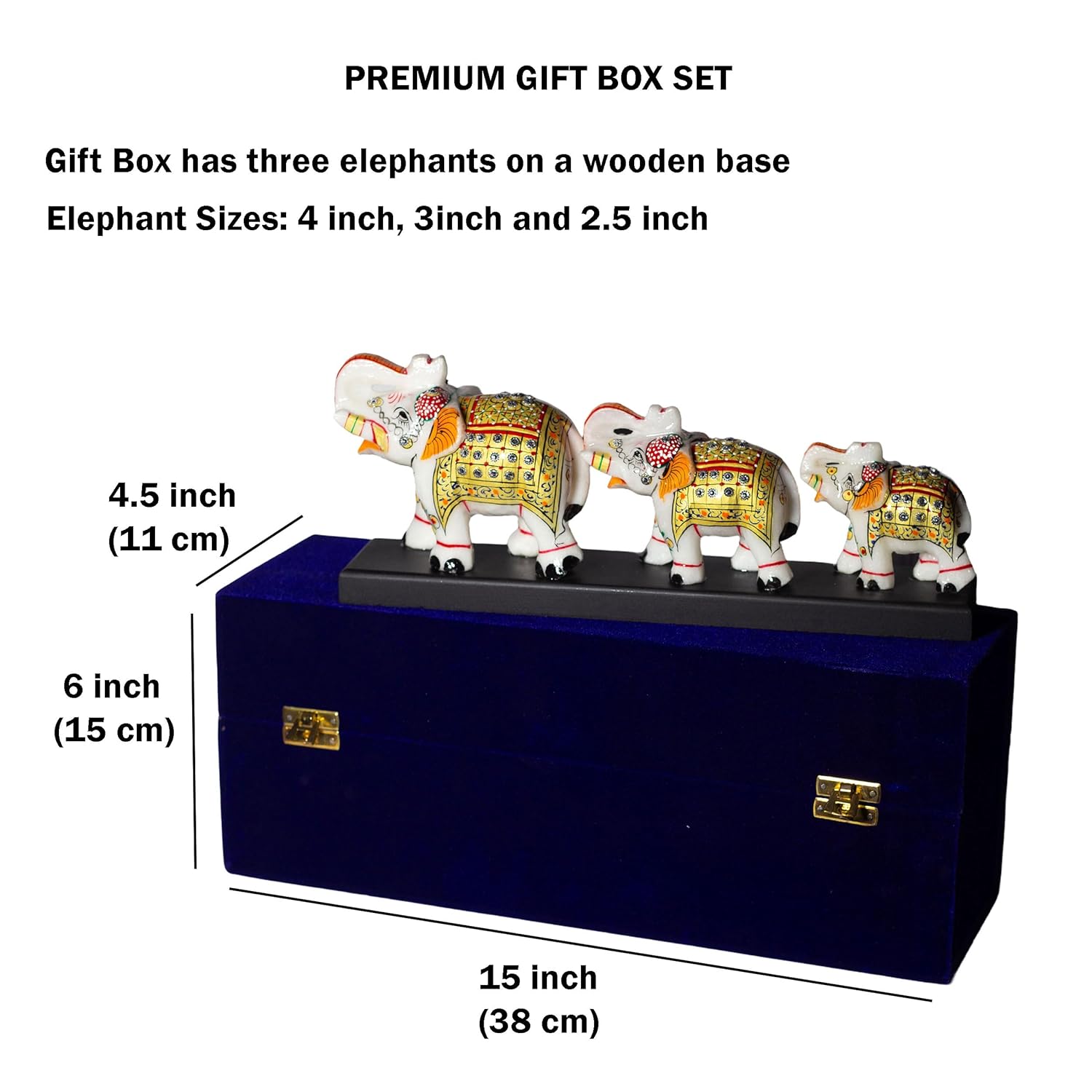Three Marble Elephants on Wooden Base Gift Box Set for Diwali, Weddings, Grihpravesh, Corporate Gifting 4" 3" 2.5" Elephants (Set 3) — photo — 6 of 9