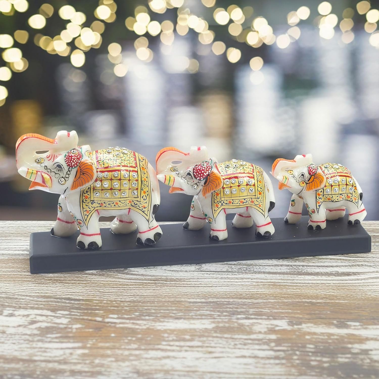 Three Marble Elephants on Wooden Base Gift Box Set for Diwali, Weddings, Grihpravesh, Corporate Gifting 4" 3" 2.5" Elephants (Set 3) — photo — 5 of 9