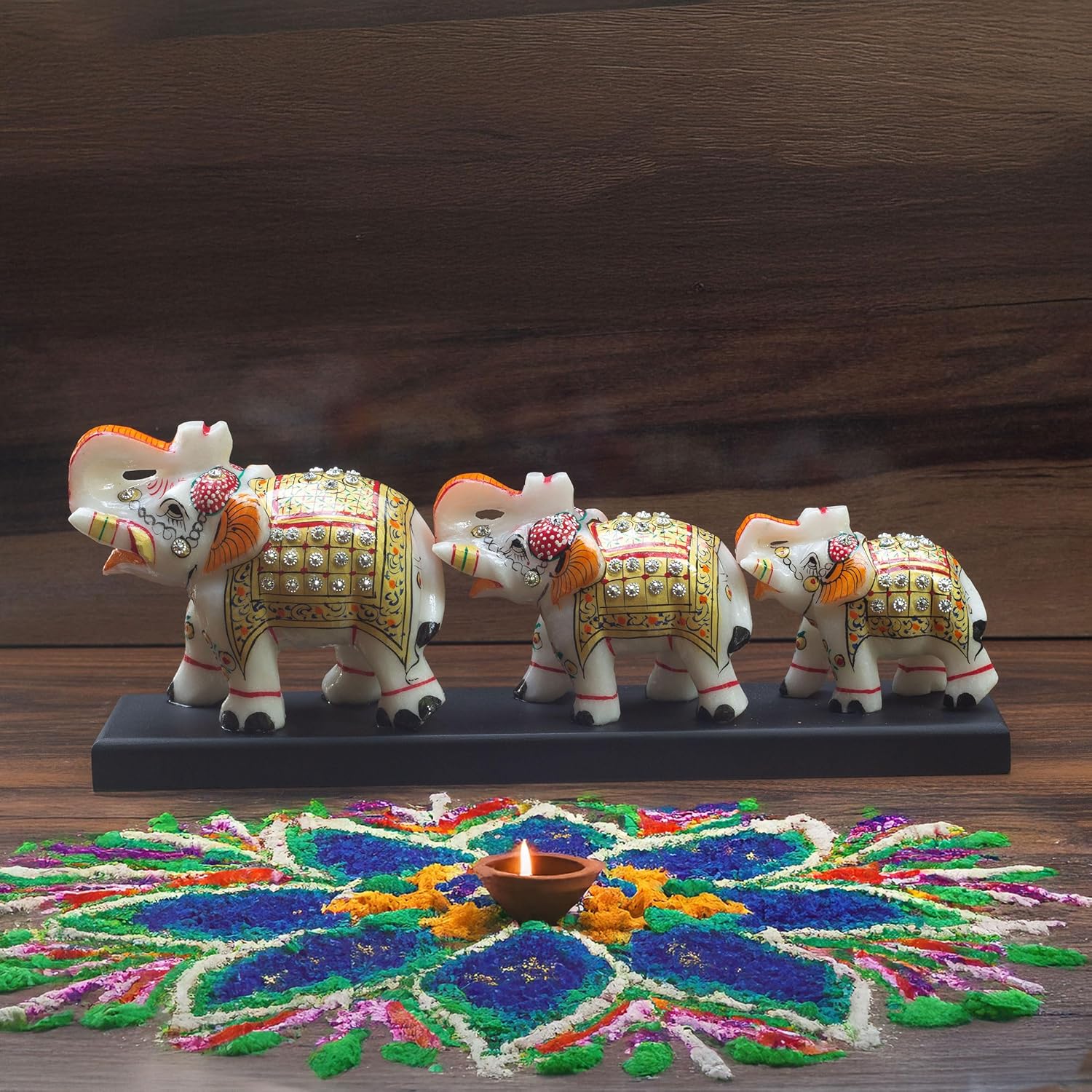 Three Marble Elephants on Wooden Base Gift Box Set for Diwali, Weddings, Grihpravesh, Corporate Gifting 4" 3" 2.5" Elephants (Set 3) — photo — 3 of 9