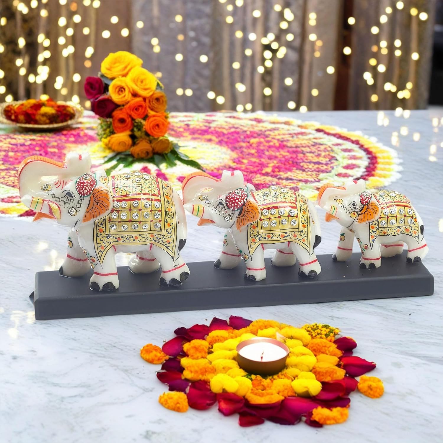 Three Marble Elephants on Wooden Base Gift Box Set for Diwali, Weddings, Grihpravesh, Corporate Gifting 4" 3" 2.5" Elephants (Set 3) — photo — 8 of 9