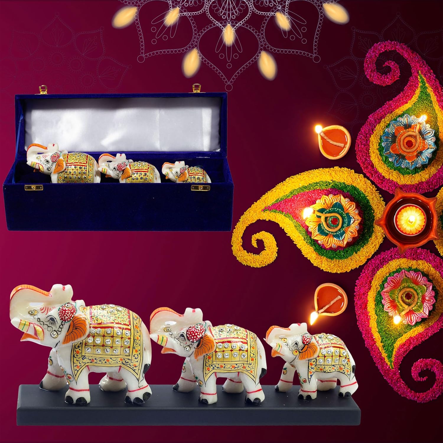 Three Marble Elephants on Wooden Base Gift Box Set for Diwali, Weddings, Grihpravesh, Corporate Gifting 4" 3" 2.5" Elephants (Set 3) — photo — 2 of 9