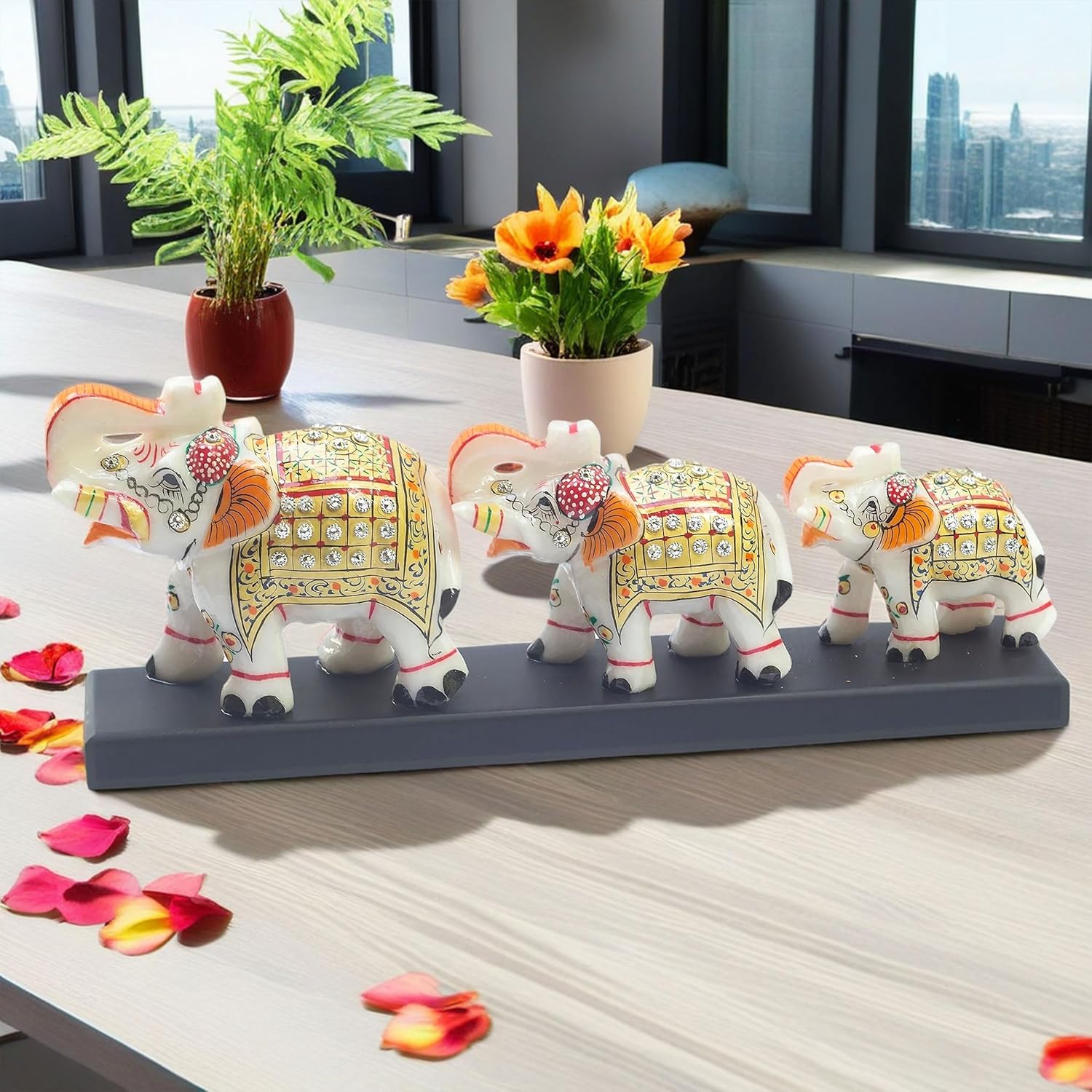 Three Marble Elephants on Wooden Base Gift Box Set for Diwali, Weddings, Grihpravesh, Corporate Gifting 4" 3" 2.5" Elephants (Set 3) — photo — 9 of 9