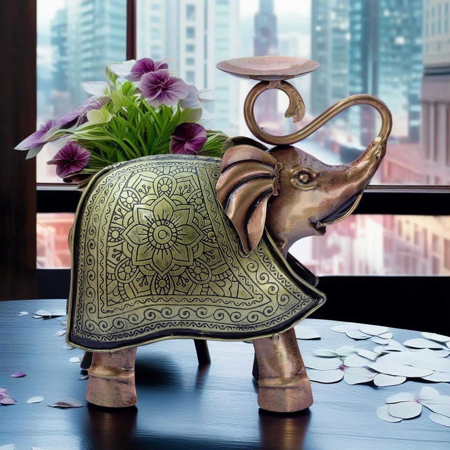Elegant Carved Metal Elephant TeaLight Candle Holder Tabletop Showpiece for Living Room, Candle Light Dinners, Home Decor, Diwali Gift — photo — 4 of 8