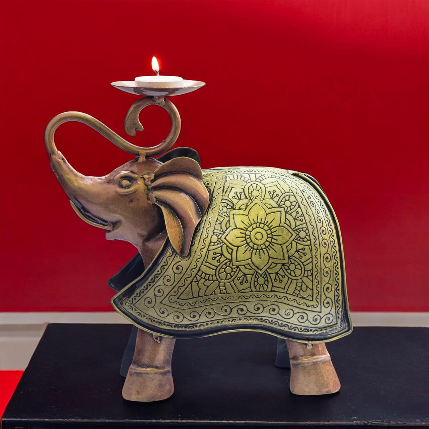 Elegant Carved Metal Elephant TeaLight Candle Holder Tabletop Showpiece for Living Room, Candle Light Dinners, Home Decor, Diwali Gift — photo — 7 of 8