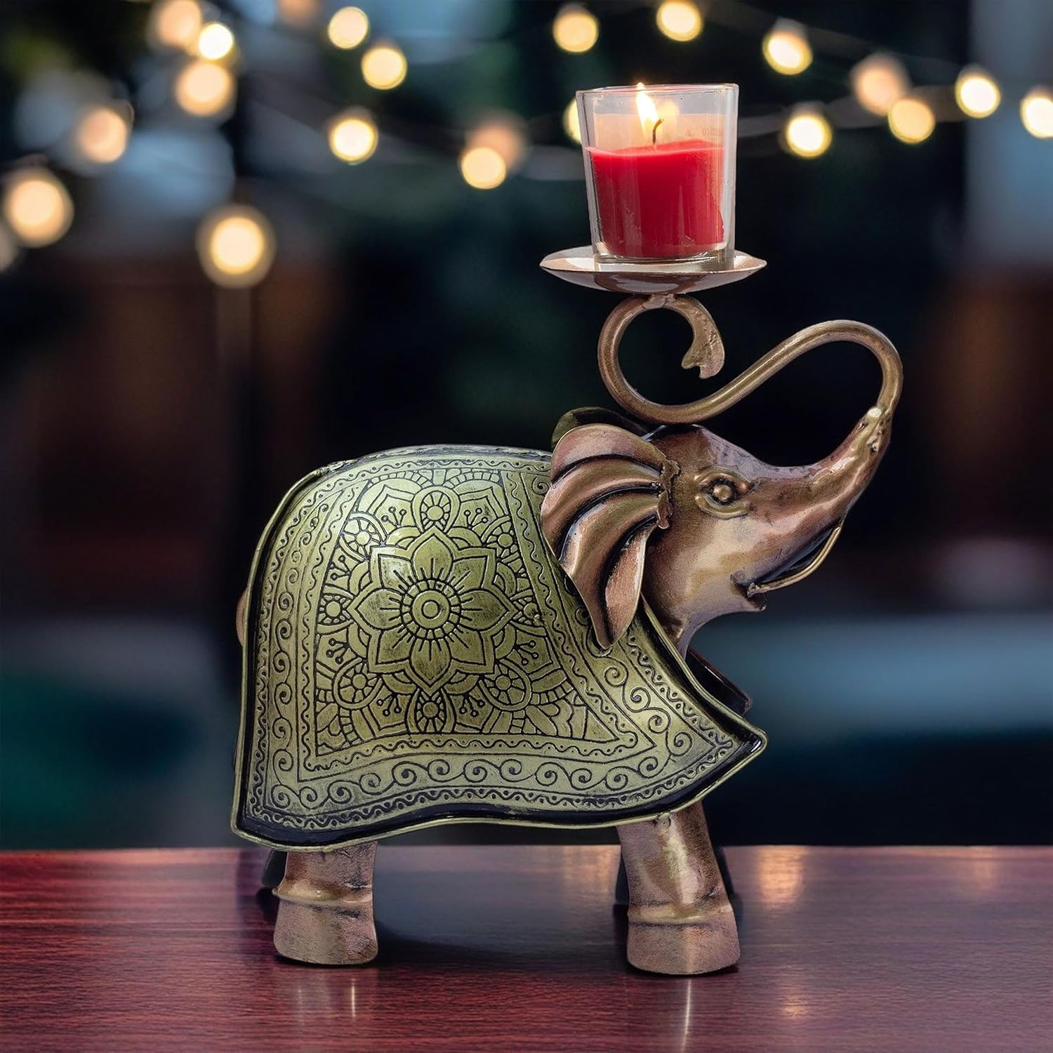 Elegant Carved Metal Elephant TeaLight Candle Holder Tabletop Showpiece for Living Room, Candle Light Dinners, Home Decor, Diwali Gift — photo — 3 of 8