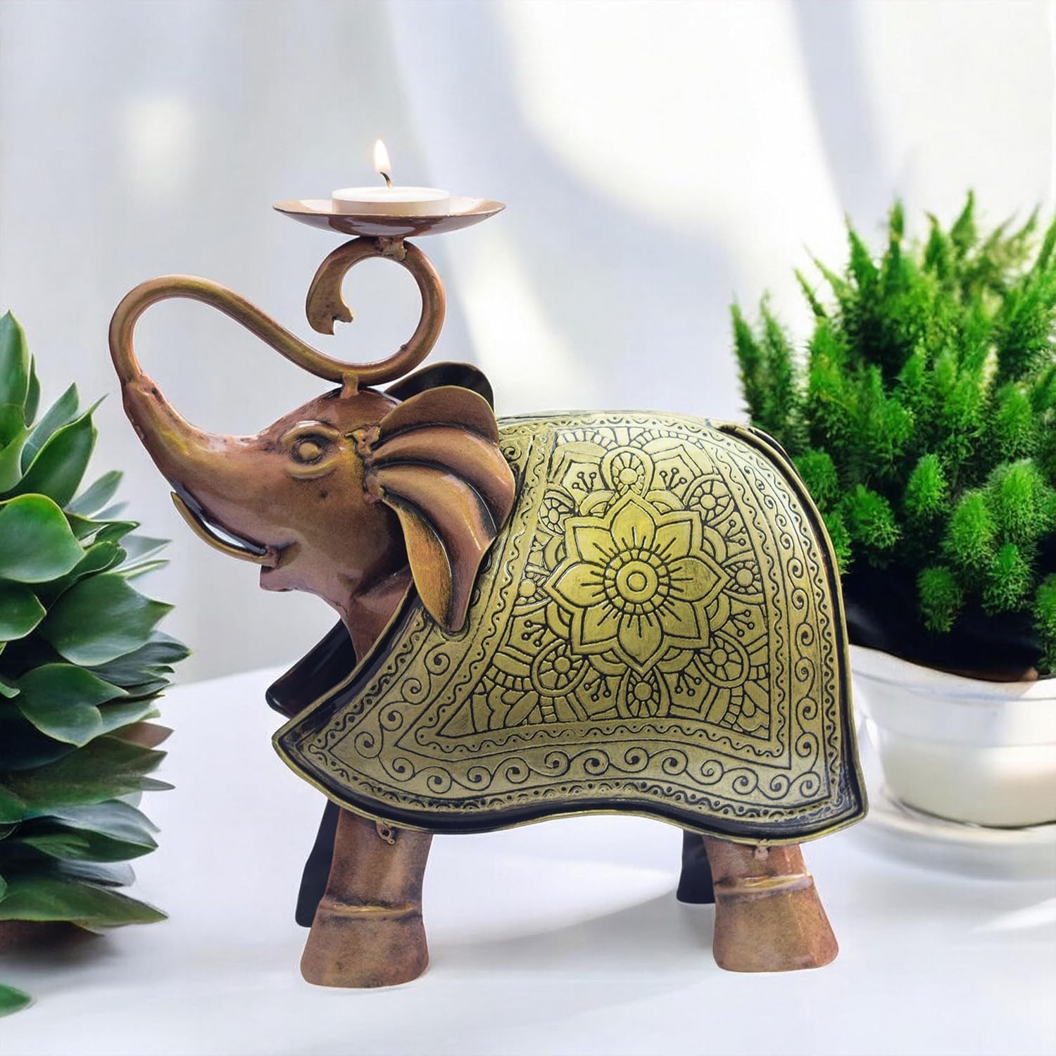 Elegant Carved Metal Elephant TeaLight Candle Holder Tabletop Showpiece for Living Room, Candle Light Dinners, Home Decor, Diwali Gift — photo — 2 of 8