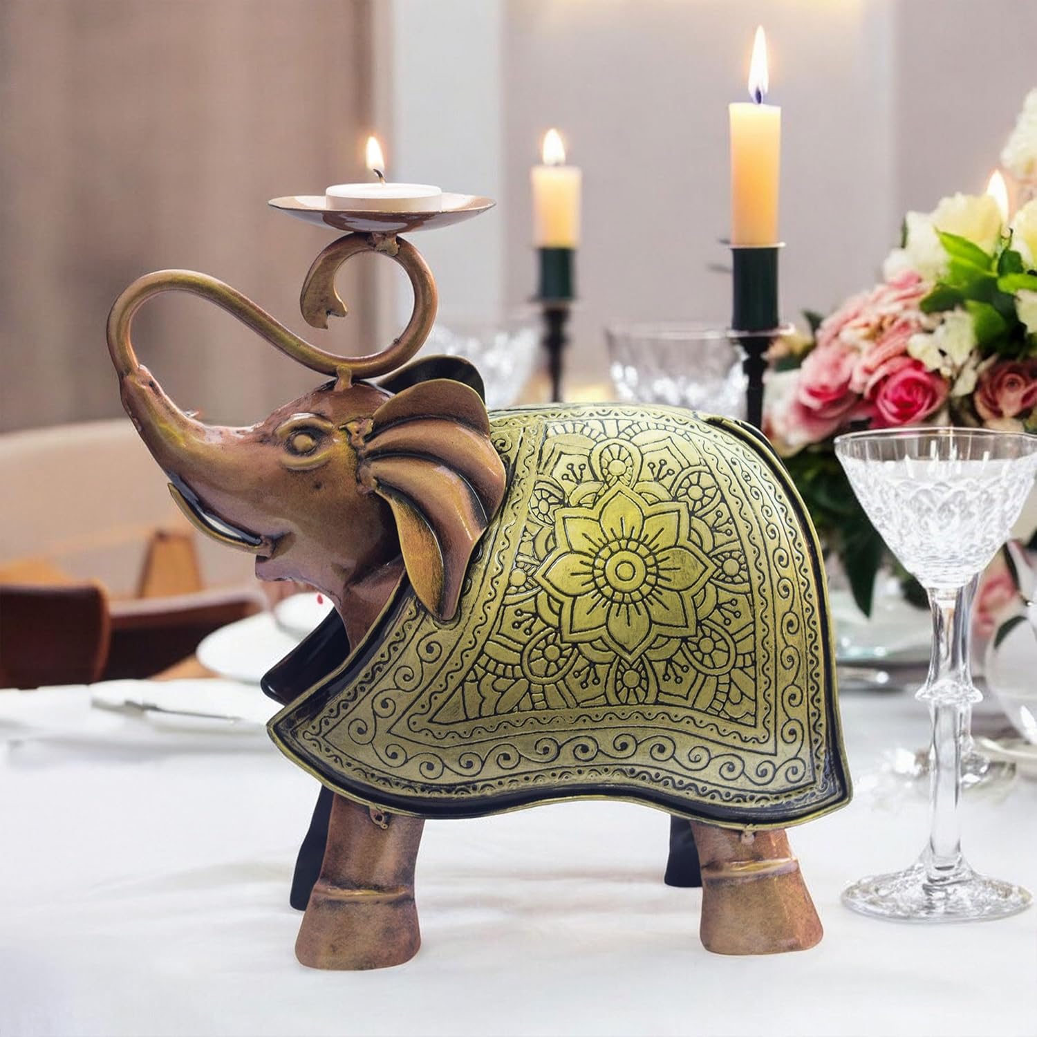 Elegant Carved Metal Elephant TeaLight Candle Holder Tabletop Showpiece for Living Room, Candle Light Dinners, Home Decor, Diwali Gift — photo — 6 of 8