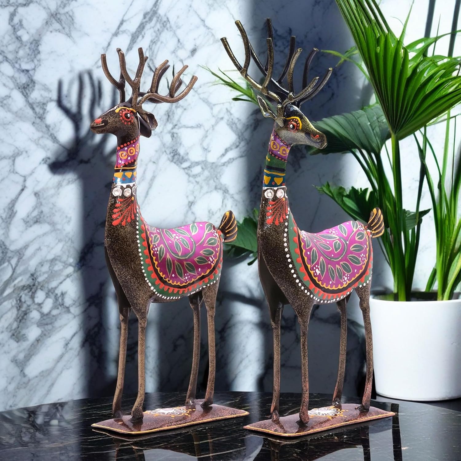 Handpainted Iron Deer Showpiece Pack of Two Vibrantly Coloured Tabletop Living Room Office Home Decor Gift Item 10.5x4.5 inch — photo — 5 of 7