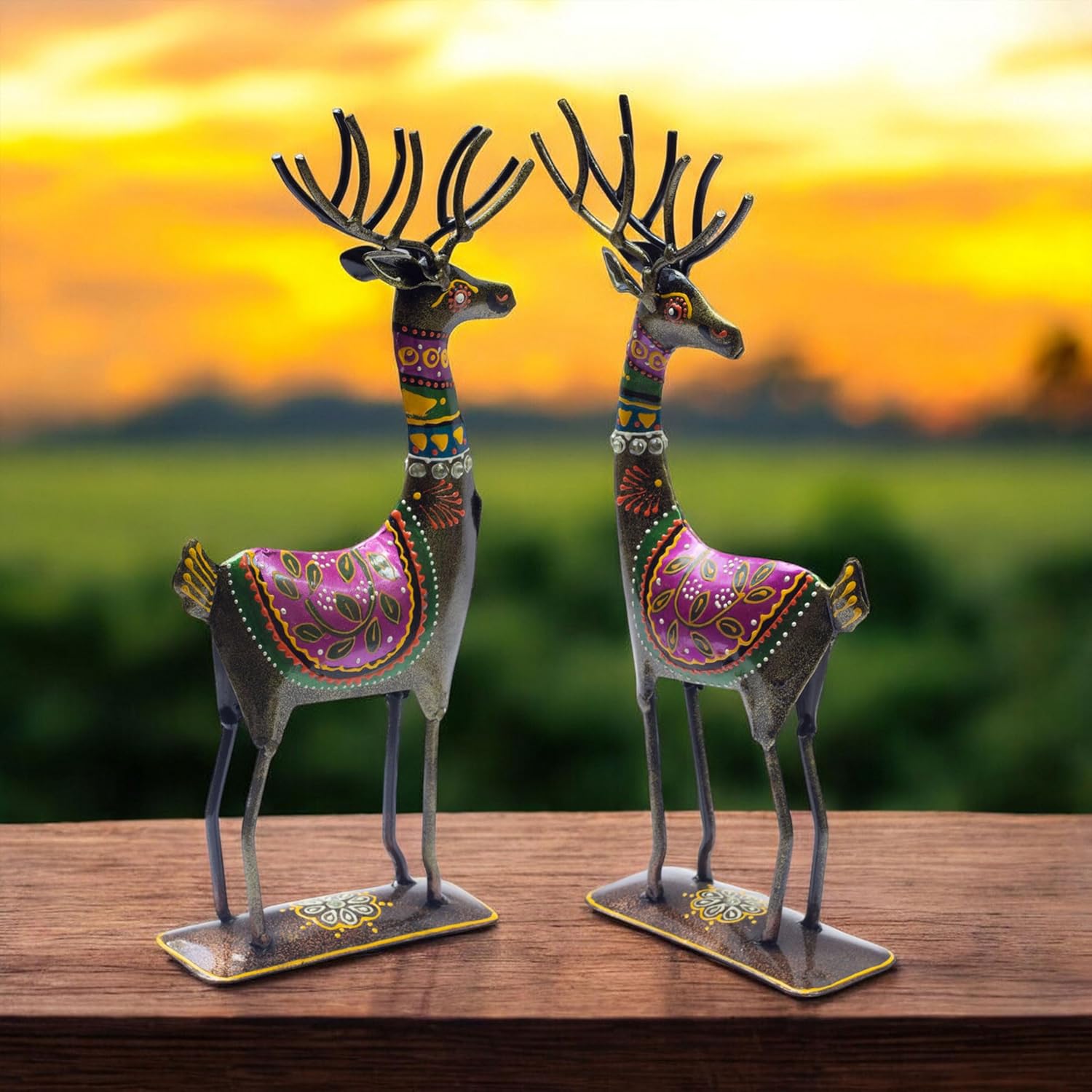 Handpainted Iron Deer Showpiece Pack of Two Vibrantly Coloured Tabletop Living Room Office Home Decor Gift Item 10.5x4.5 inch — photo — 2 of 7