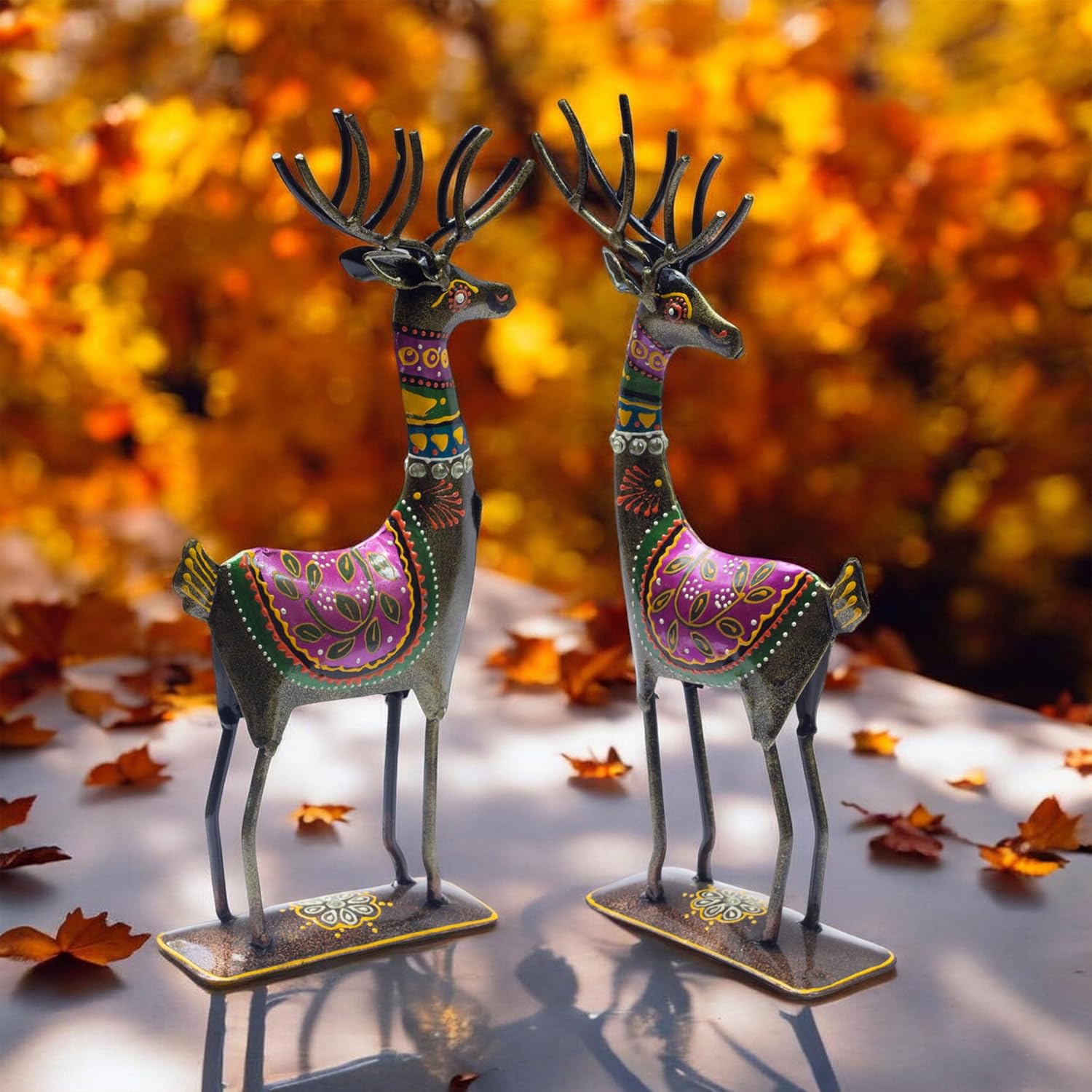 Handpainted Iron Deer Showpiece Pack of Two Vibrantly Coloured Tabletop Living Room Office Home Decor Gift Item 10.5x4.5 inch — photo — 4 of 7