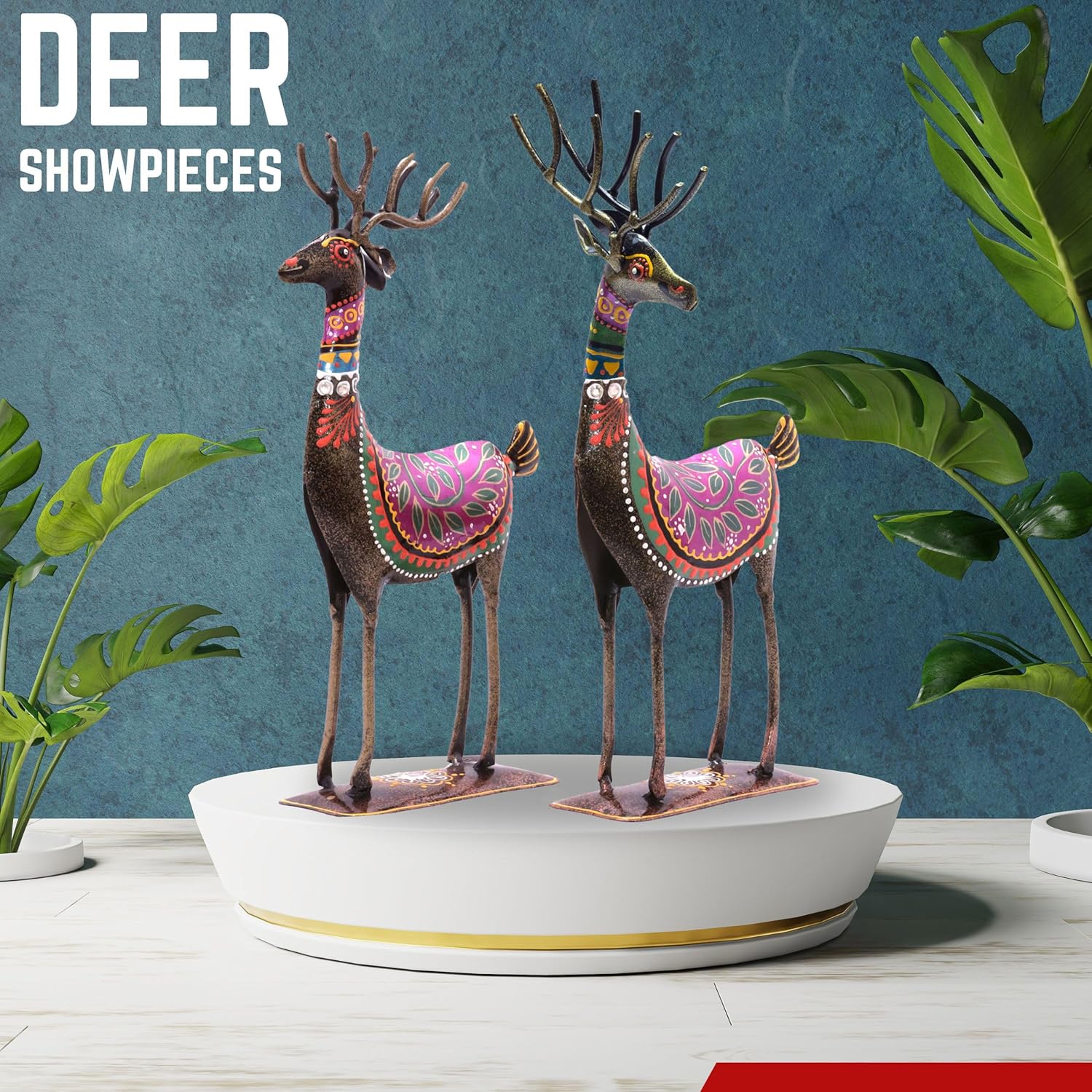 Handpainted Iron Deer Showpiece Pack of Two Vibrantly Coloured Tabletop Living Room Office Home Decor Gift Item 10.5x4.5 inch — photo — 7 of 7