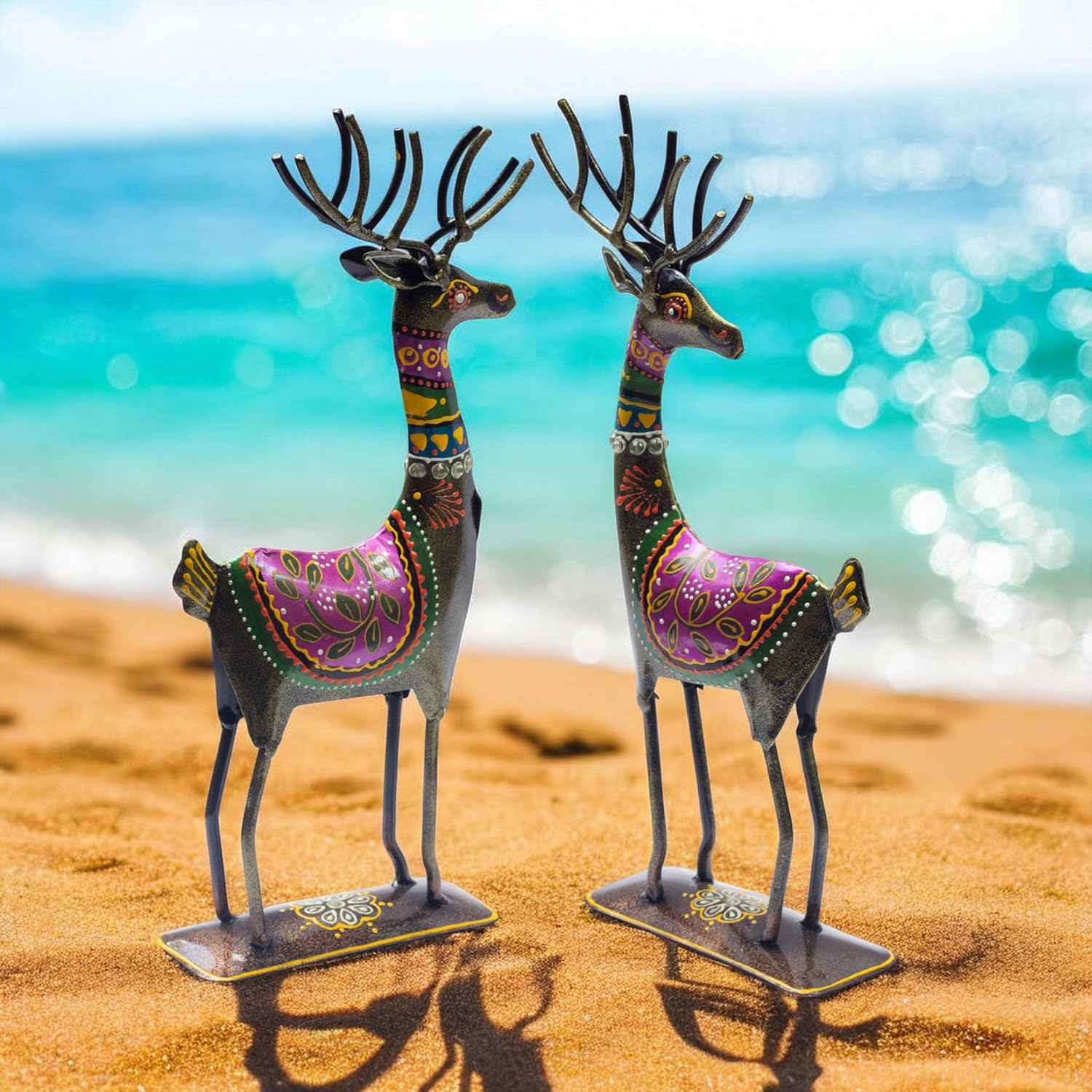 Handpainted Iron Deer Showpiece Pack of Two Vibrantly Coloured Tabletop Living Room Office Home Decor Gift Item 10.5x4.5 inch — photo — 3 of 7