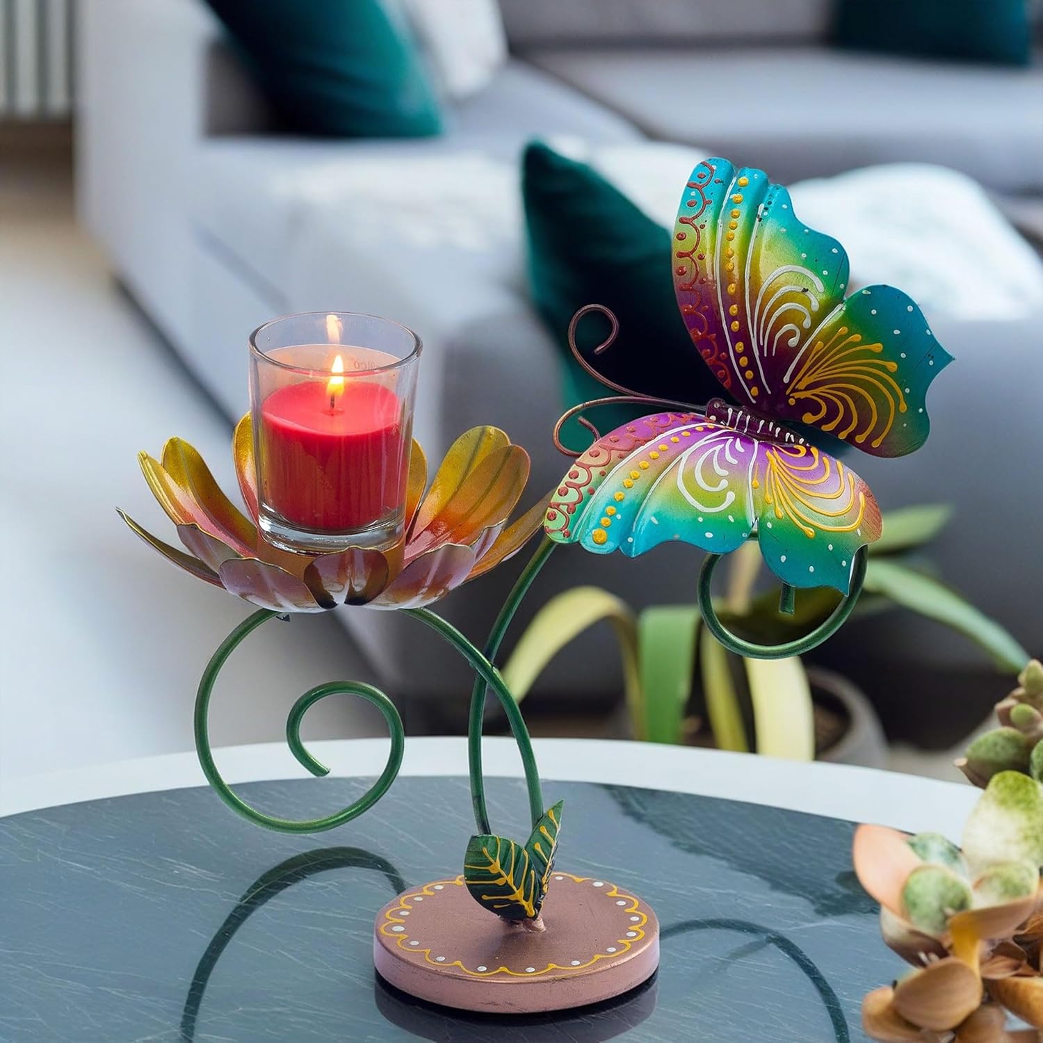 Hand-Painted Iron Tealight Candle Holder | Vibrant and Sturdy Decorative Accent for Wall or Table | Ideal for Entryways, Living Rooms, Patios, and Gardens | 10x5x10 Inches (Butterfly) — photo — 6 of 7