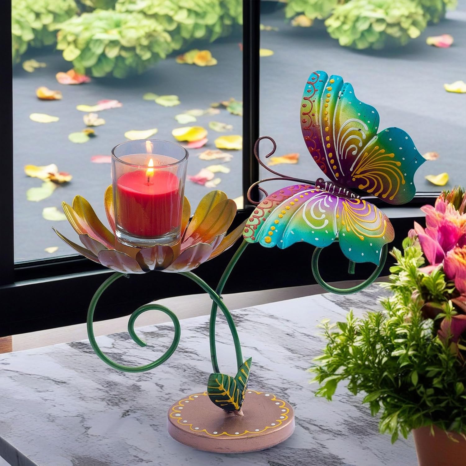 Hand-Painted Iron Tealight Candle Holder | Vibrant and Sturdy Decorative Accent for Wall or Table | Ideal for Entryways, Living Rooms, Patios, and Gardens | 10x5x10 Inches (Butterfly) — photo — 7 of 7