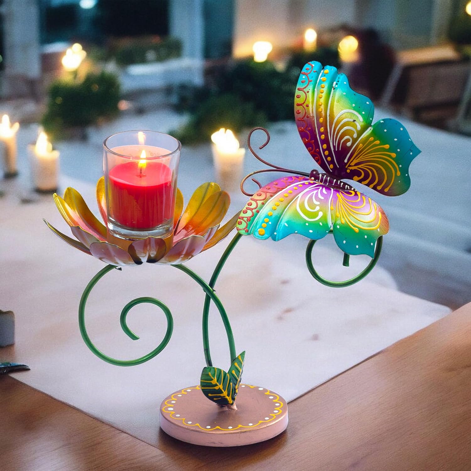 Hand-Painted Iron Tealight Candle Holder | Vibrant and Sturdy Decorative Accent for Wall or Table | Ideal for Entryways, Living Rooms, Patios, and Gardens | 10x5x10 Inches (Butterfly) — photo — 3 of 7
