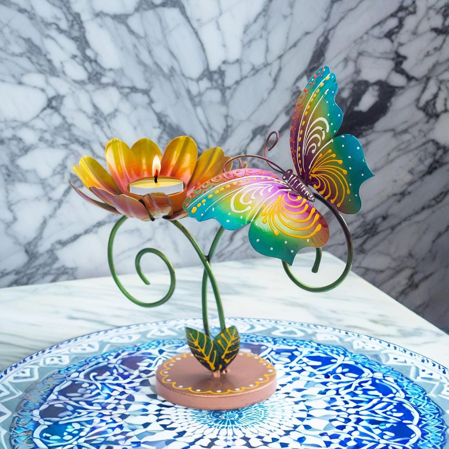 Hand-Painted Iron Tealight Candle Holder | Vibrant and Sturdy Decorative Accent for Wall or Table | Ideal for Entryways, Living Rooms, Patios, and Gardens | 10x5x10 Inches (Butterfly) — photo — 4 of 7
