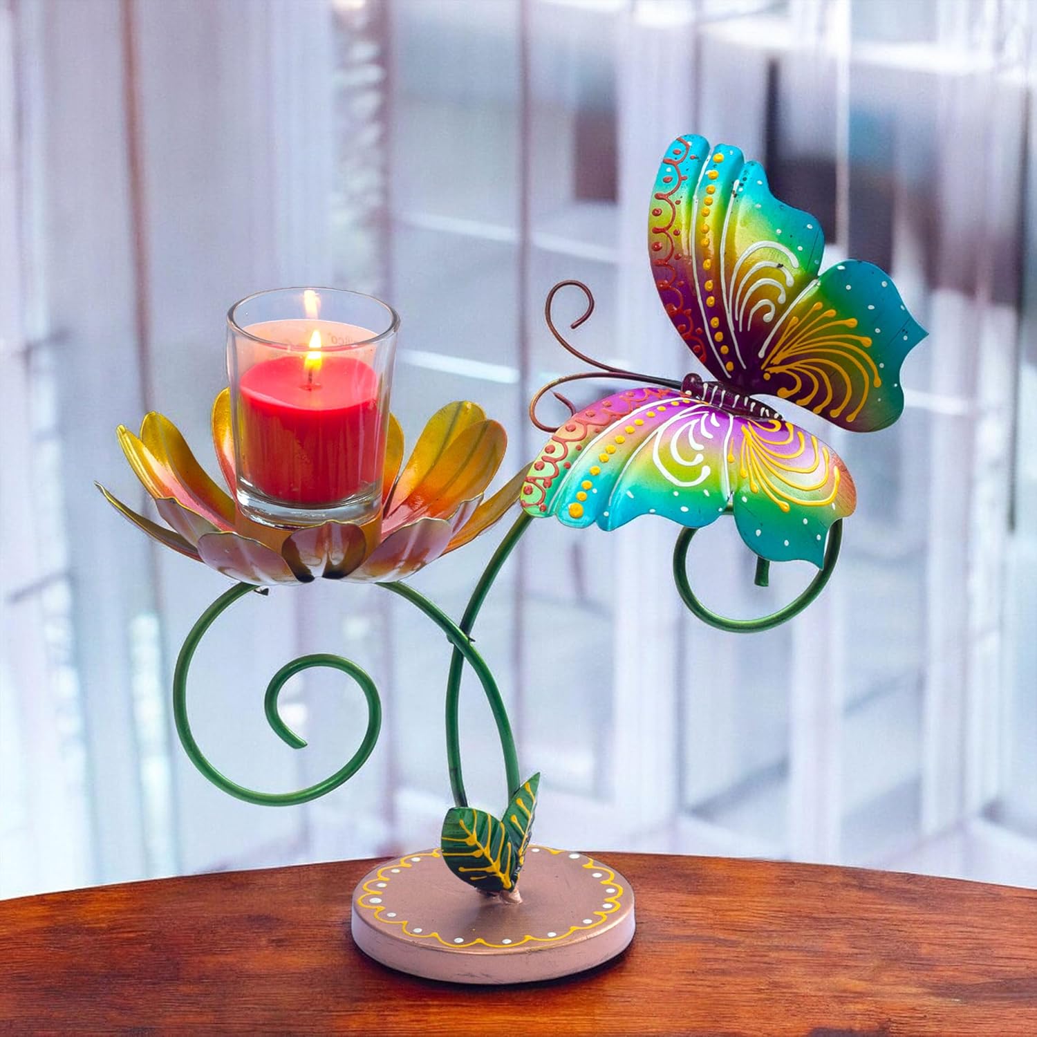 Hand-Painted Iron Tealight Candle Holder | Vibrant and Sturdy Decorative Accent for Wall or Table | Ideal for Entryways, Living Rooms, Patios, and Gardens | 10x5x10 Inches (Butterfly) — photo — 2 of 7