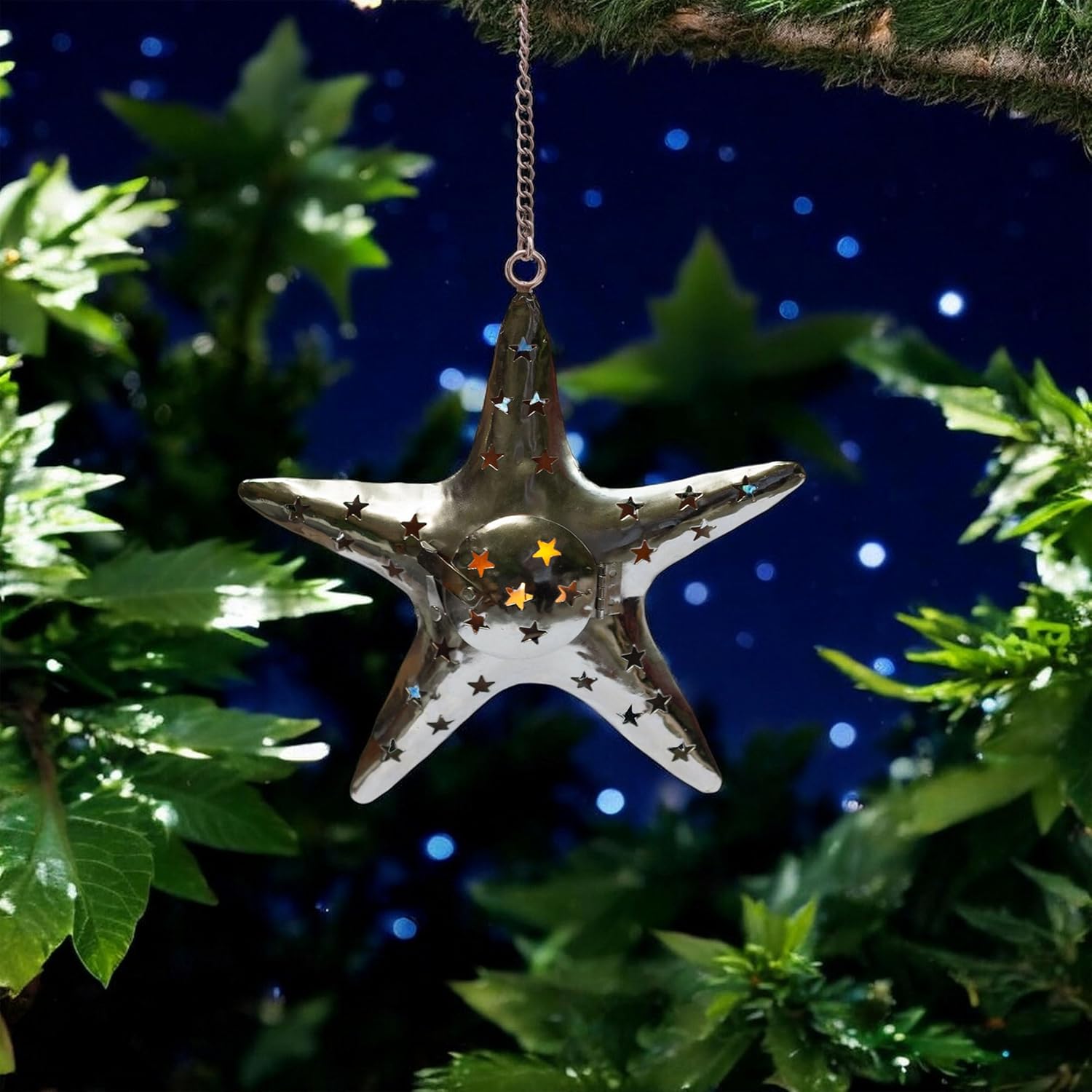 Hanging Star Shaped Metal Tealight Lantern (11x10 in) with Sturdy Chain | Ideal for Christmas Décor, Housewarming Gifts & Rustic Living Room Accents (Star) — photo — 8 of 8