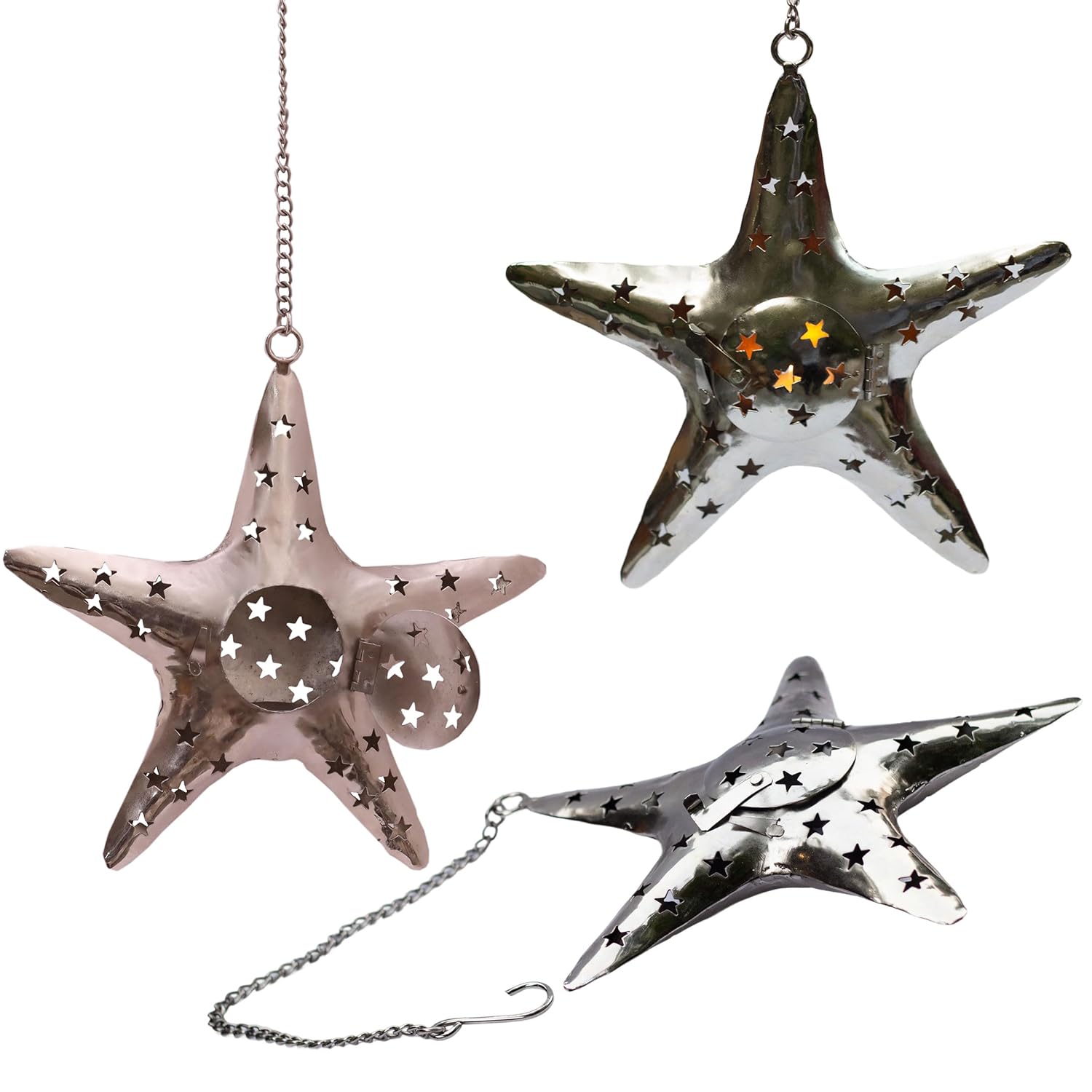 Hanging Star Shaped Metal Tealight Lantern (11x10 in) with Sturdy Chain | Ideal for Christmas Décor, Housewarming Gifts & Rustic Living Room Accents (Star)