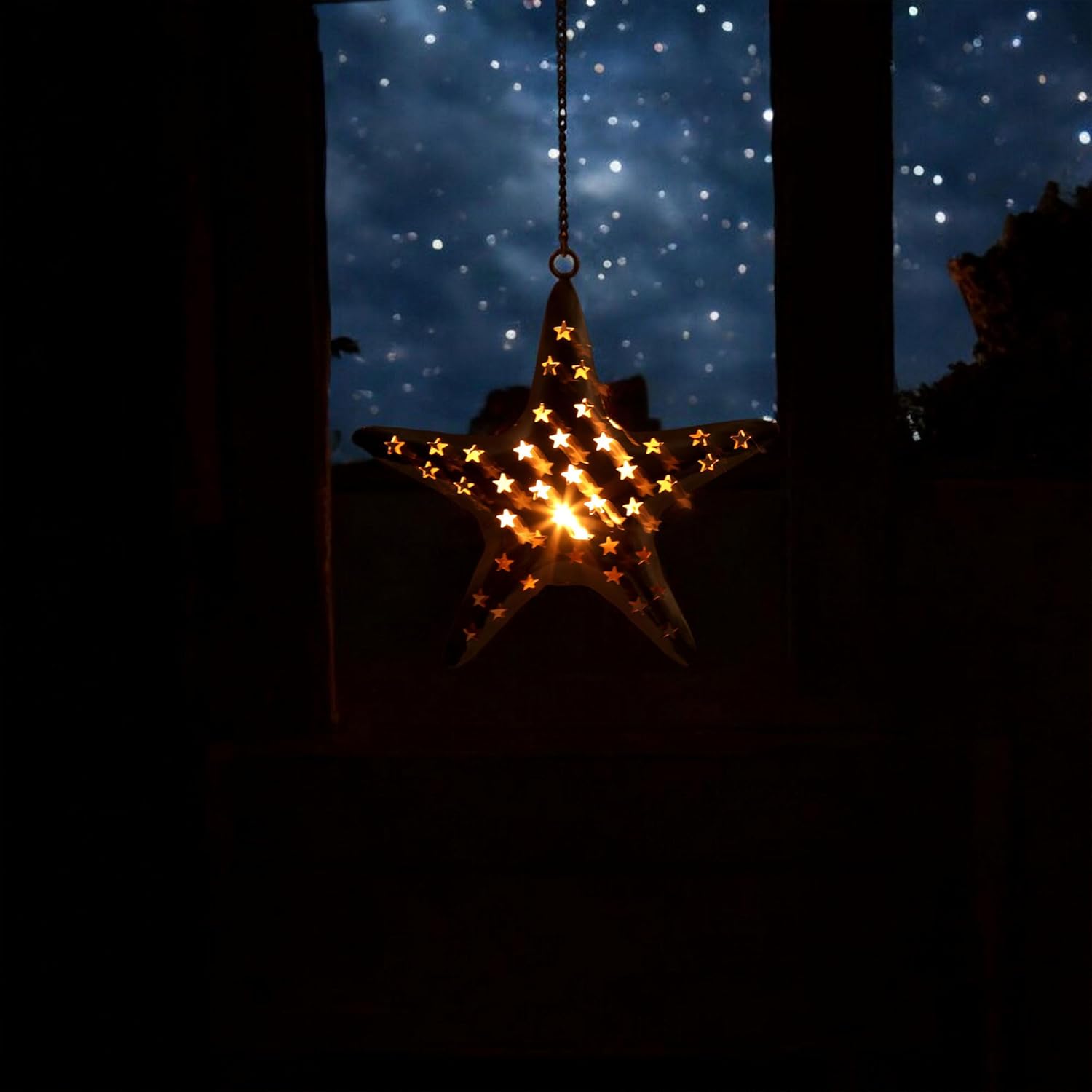 Hanging Star Shaped Metal Tealight Lantern (11x10 in) with Sturdy Chain | Ideal for Christmas Décor, Housewarming Gifts & Rustic Living Room Accents (Star) — photo — 3 of 8