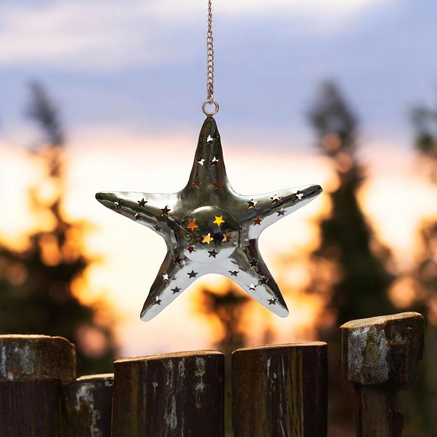 Hanging Star Shaped Metal Tealight Lantern (11x10 in) with Sturdy Chain | Ideal for Christmas Décor, Housewarming Gifts & Rustic Living Room Accents (Star) — photo — 7 of 8