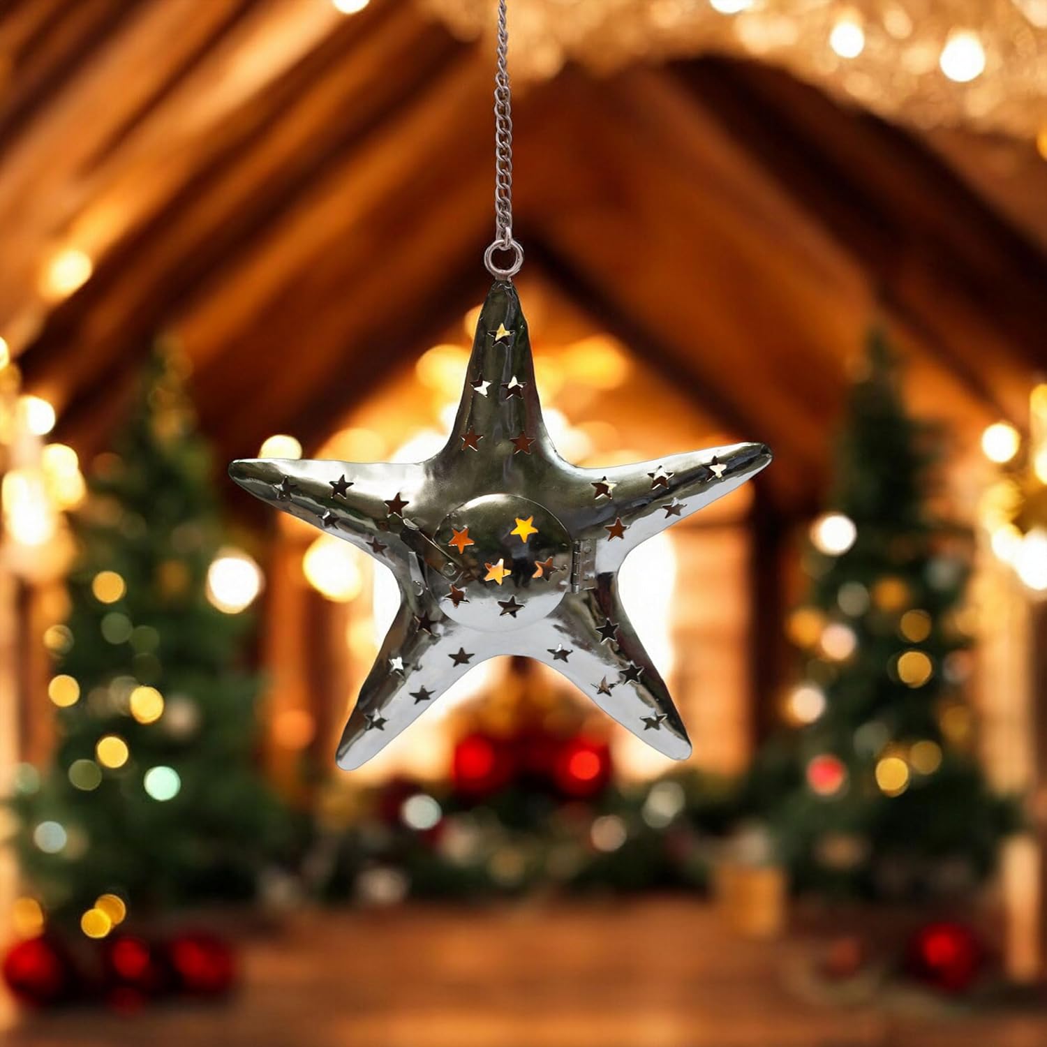 Hanging Star Shaped Metal Tealight Lantern (11x10 in) with Sturdy Chain | Ideal for Christmas Décor, Housewarming Gifts & Rustic Living Room Accents (Star) — photo — 5 of 8