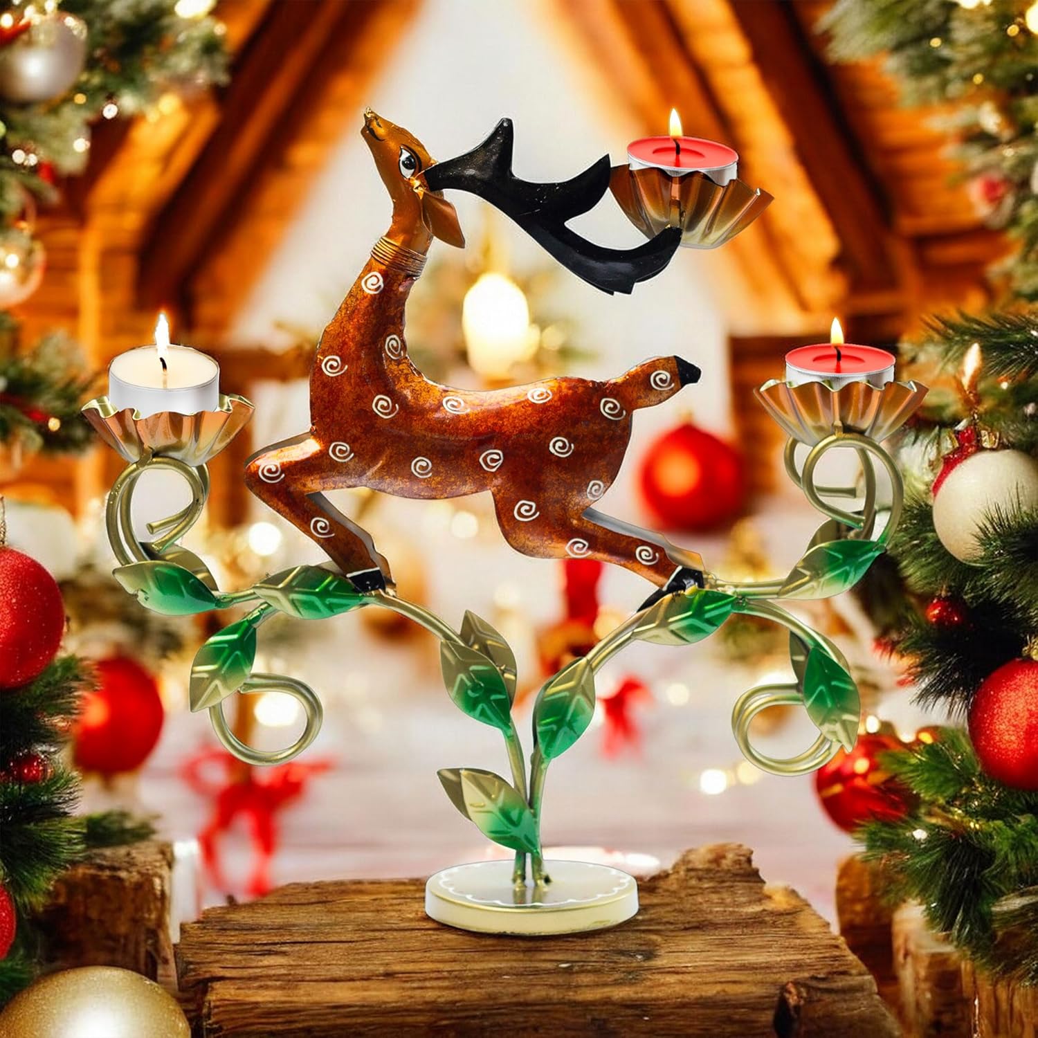 Decorative Deer Tealight Holder 3-Candle Christmas Decor Showpiece Statue for Living Room Decor, Dining Table Centerpiece, Gift Ideas | Durable Rust-Proof Iron for Festive & Everyday Use (Design 4) — photo — 4 of 8