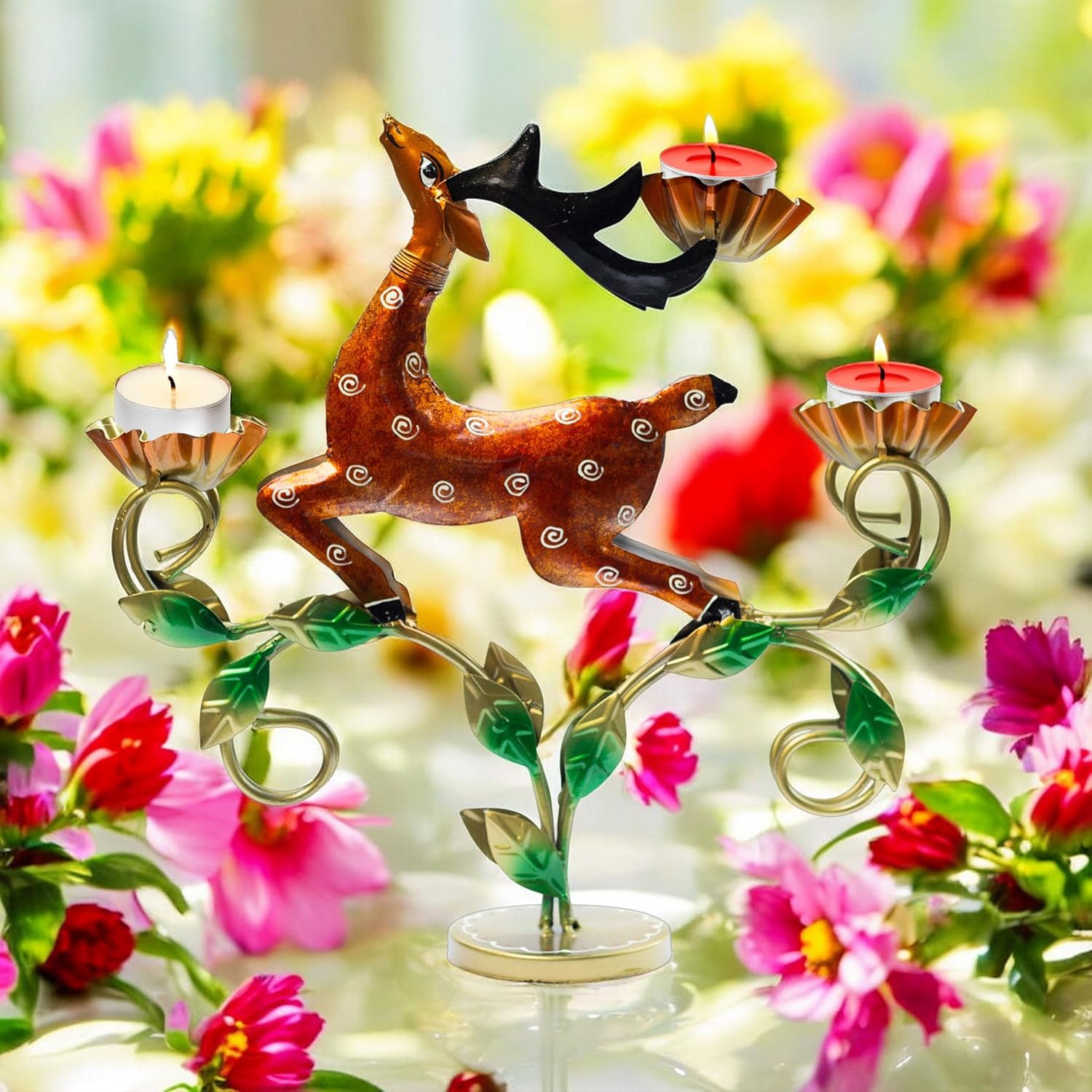 Decorative Deer Tealight Holder 3-Candle Christmas Decor Showpiece Statue for Living Room Decor, Dining Table Centerpiece, Gift Ideas | Durable Rust-Proof Iron for Festive & Everyday Use (Design 4) — photo — 7 of 8