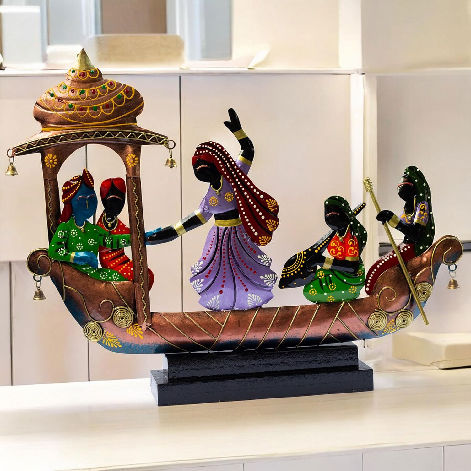Handcrafted Ethnic Tribal Boat with Dancing Musicians Showpiece - 15x18 Inch Home Décor with Wooden Base - Gift for Housewarming, Festivals, Weddings, Corporate Events — photo — 3 of 7