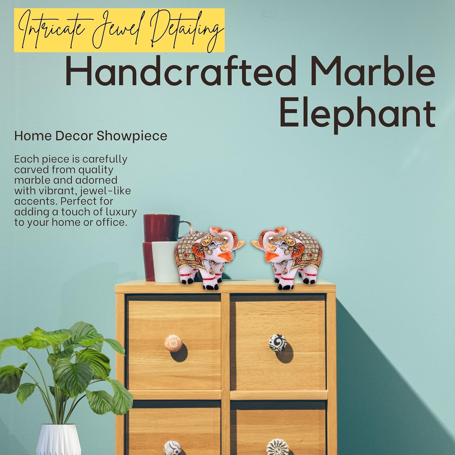 Pack of 2 Marble Elephant Figurines, 2.5 Inch Trunk Up Vastu Inspired Good Luck Showpiece, Handcrafted Home & Office Decor, Festival Gift (2.5 inch) — photo — 2 of 8