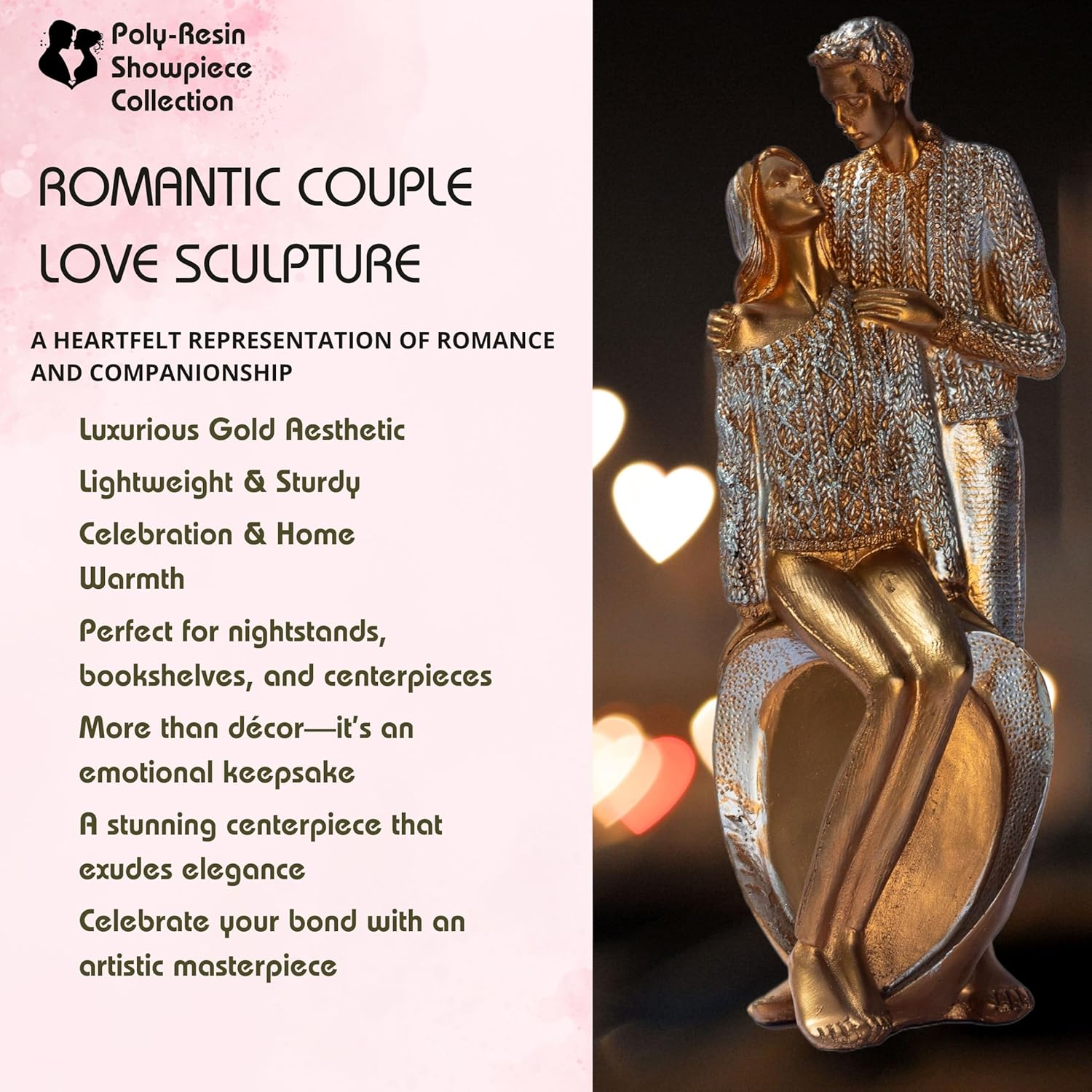 Elegant Gold Couple Figurine – Romantic Poly-Resin Sculpture for Home Décor, Anniversary, and Valentine’s Day Gift – Intricately Designed Love Statue (Gold) — photo — 5 of 8
