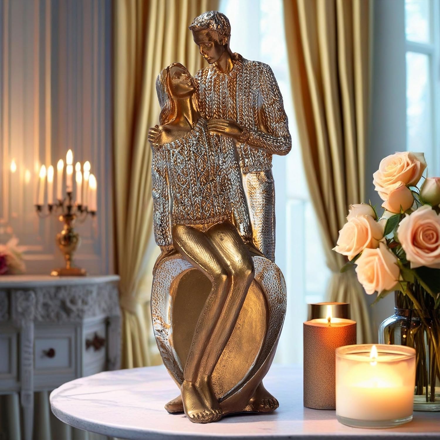 Elegant Gold Couple Figurine – Romantic Poly-Resin Sculpture for Home Décor, Anniversary, and Valentine’s Day Gift – Intricately Designed Love Statue (Gold)