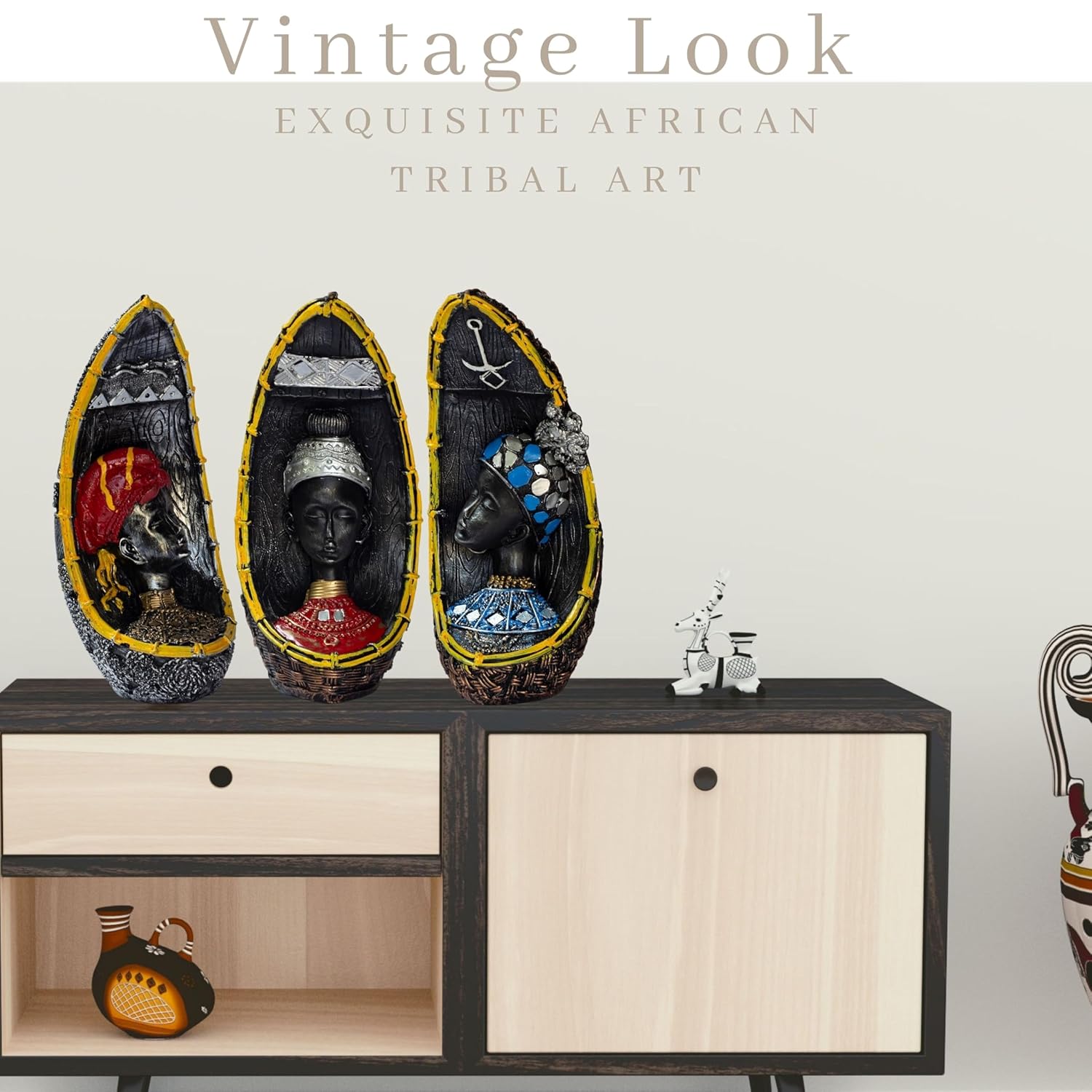 Set of 3 African Tribal Ladies Showpiece Statues | 8-Inch Resin Home Figurines Decorative Cultural Art for Living Room & Table Décor (African) — photo — 5 of 8