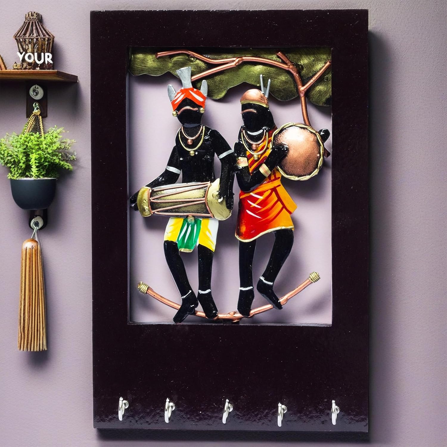 Wall Tribal Key Holder – 5 Hook Handcrafted Wooden and Metal Showpiece Keychain Holder Folk Art Decor for Entryway Organization — photo — 9 of 9
