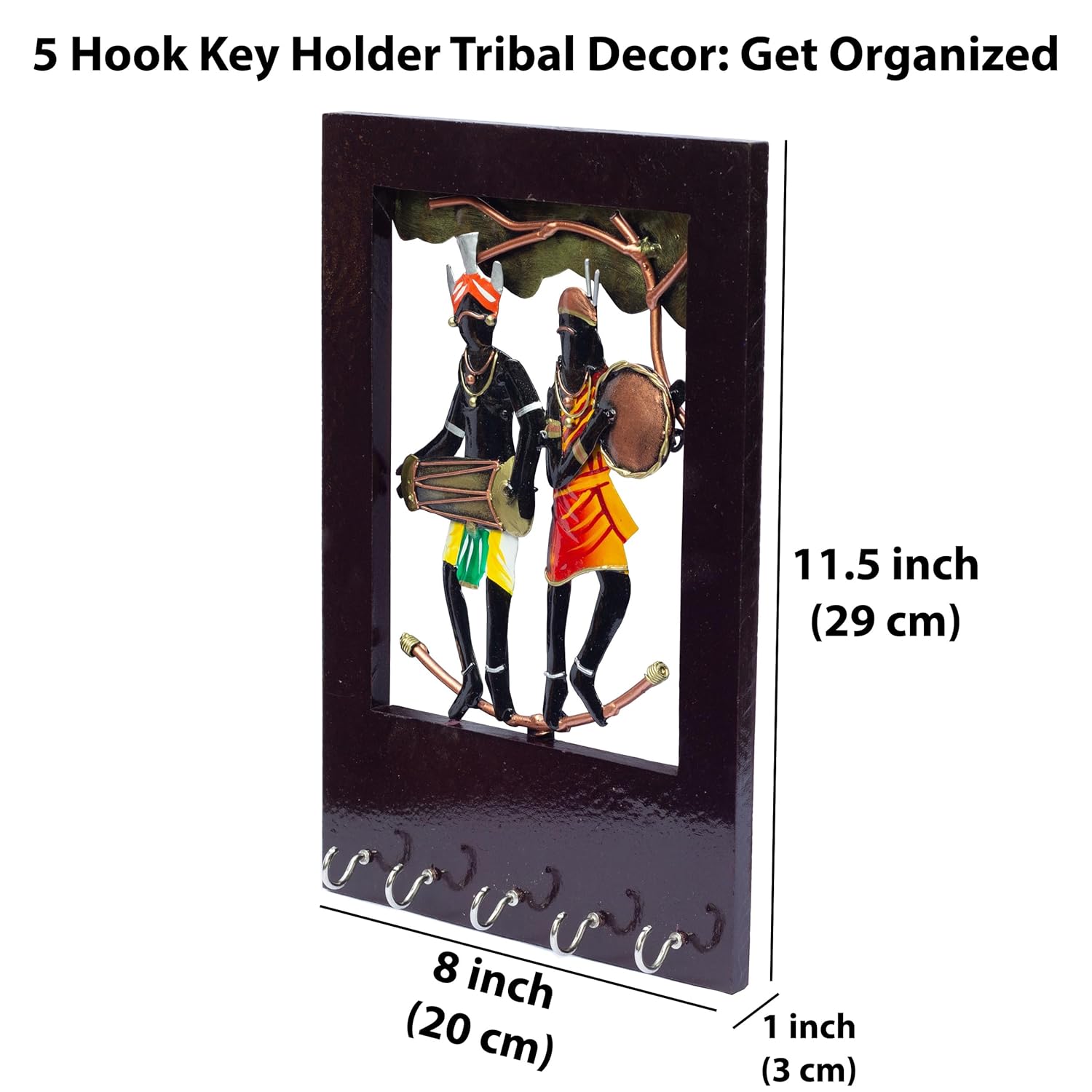 Wall Tribal Key Holder – 5 Hook Handcrafted Wooden and Metal Showpiece Keychain Holder Folk Art Decor for Entryway Organization — photo — 6 of 9