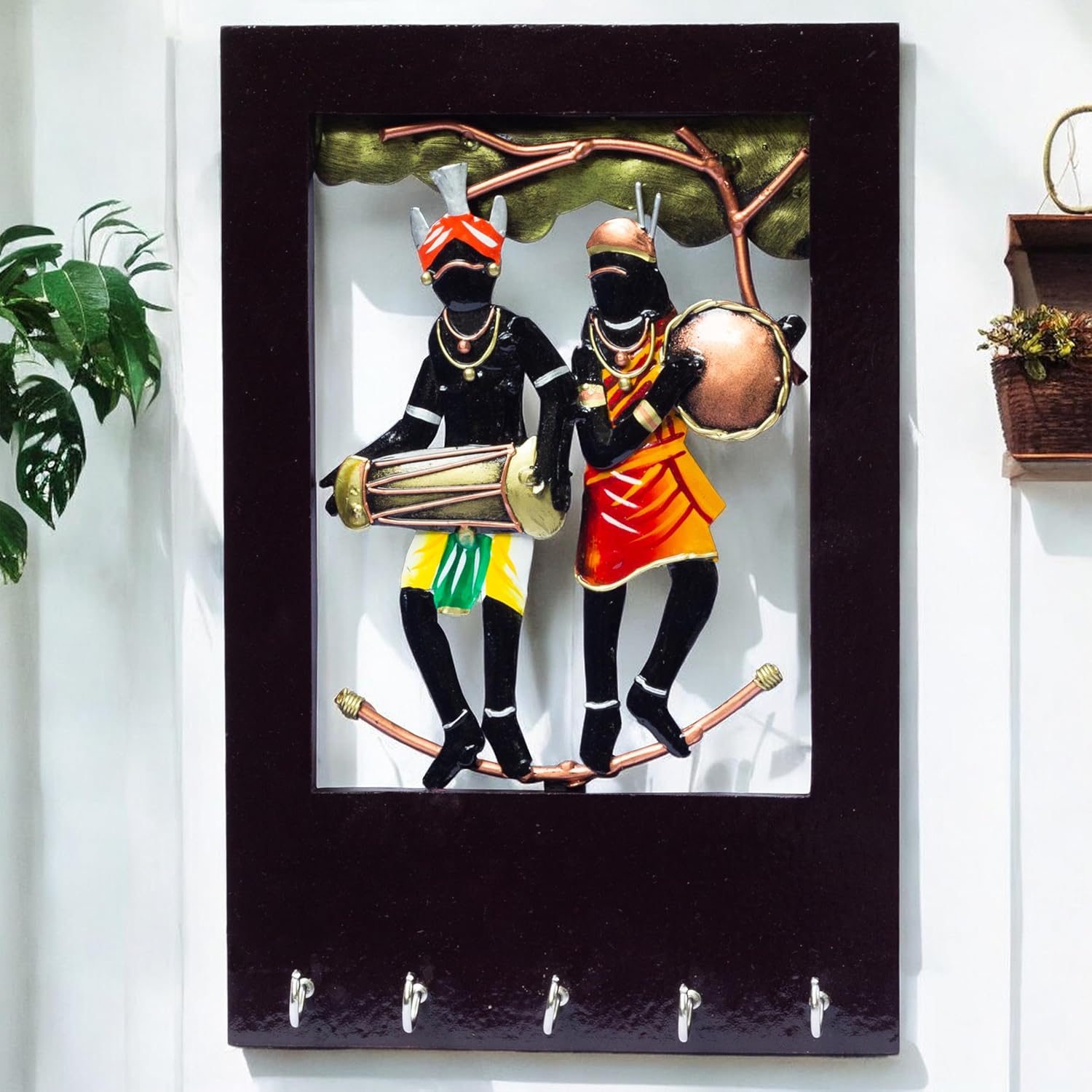 Wall Tribal Key Holder – 5 Hook Handcrafted Wooden and Metal Showpiece Keychain Holder Folk Art Decor for Entryway Organization — photo — 4 of 9