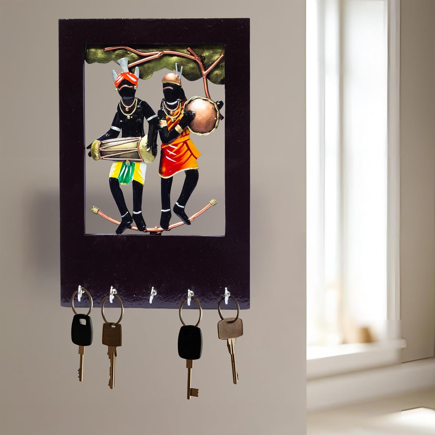 Wall Tribal Key Holder – 5 Hook Handcrafted Wooden and Metal Showpiece Keychain Holder Folk Art Decor for Entryway Organization — photo — 5 of 9