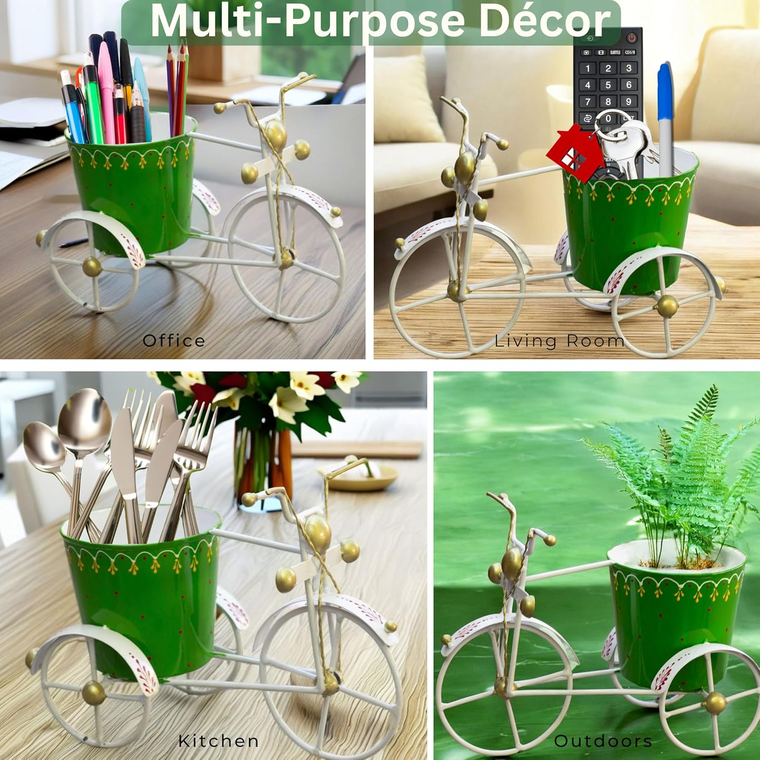 Garden Planter with Drainage Hole – Rust-Resistant Iron Flower Pot Bonsai Succulent Plants Holder for Indoor & Outdoor Home Décor, Decorative Items for Living Room (Tricycle Green) — photo — 7 of 9
