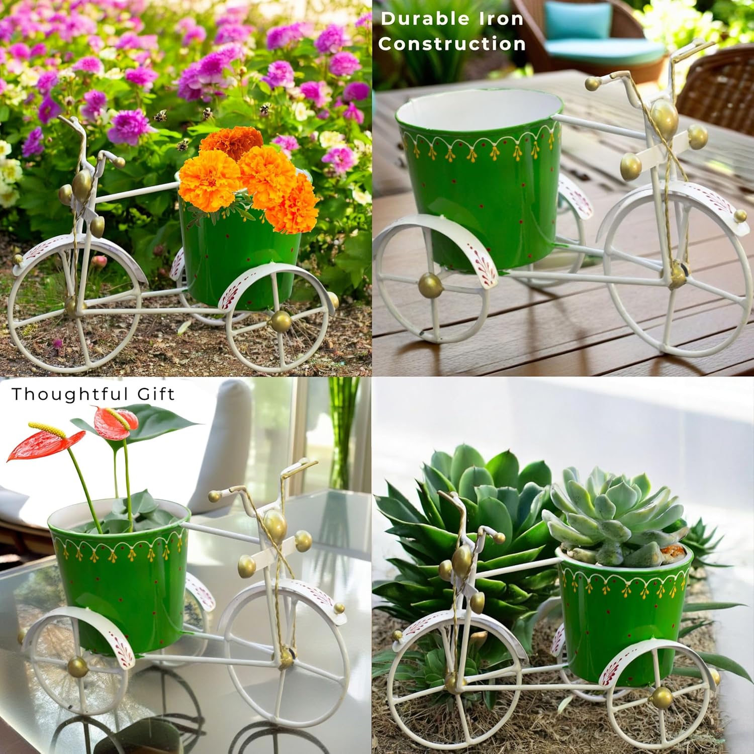Garden Planter with Drainage Hole – Rust-Resistant Iron Flower Pot Bonsai Succulent Plants Holder for Indoor & Outdoor Home Décor, Decorative Items for Living Room (Tricycle Green) — photo — 6 of 9
