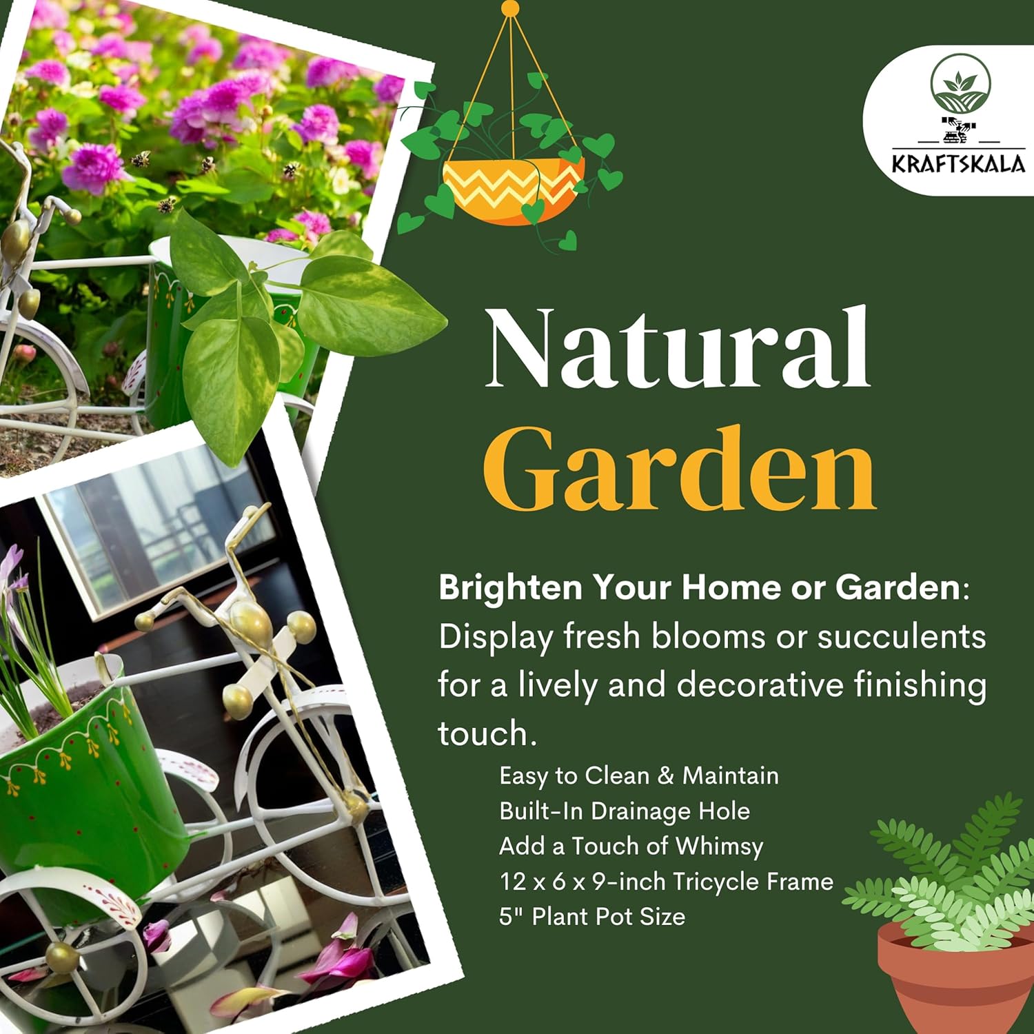 Garden Planter with Drainage Hole – Rust-Resistant Iron Flower Pot Bonsai Succulent Plants Holder for Indoor & Outdoor Home Décor, Decorative Items for Living Room (Tricycle Green) — photo — 4 of 9
