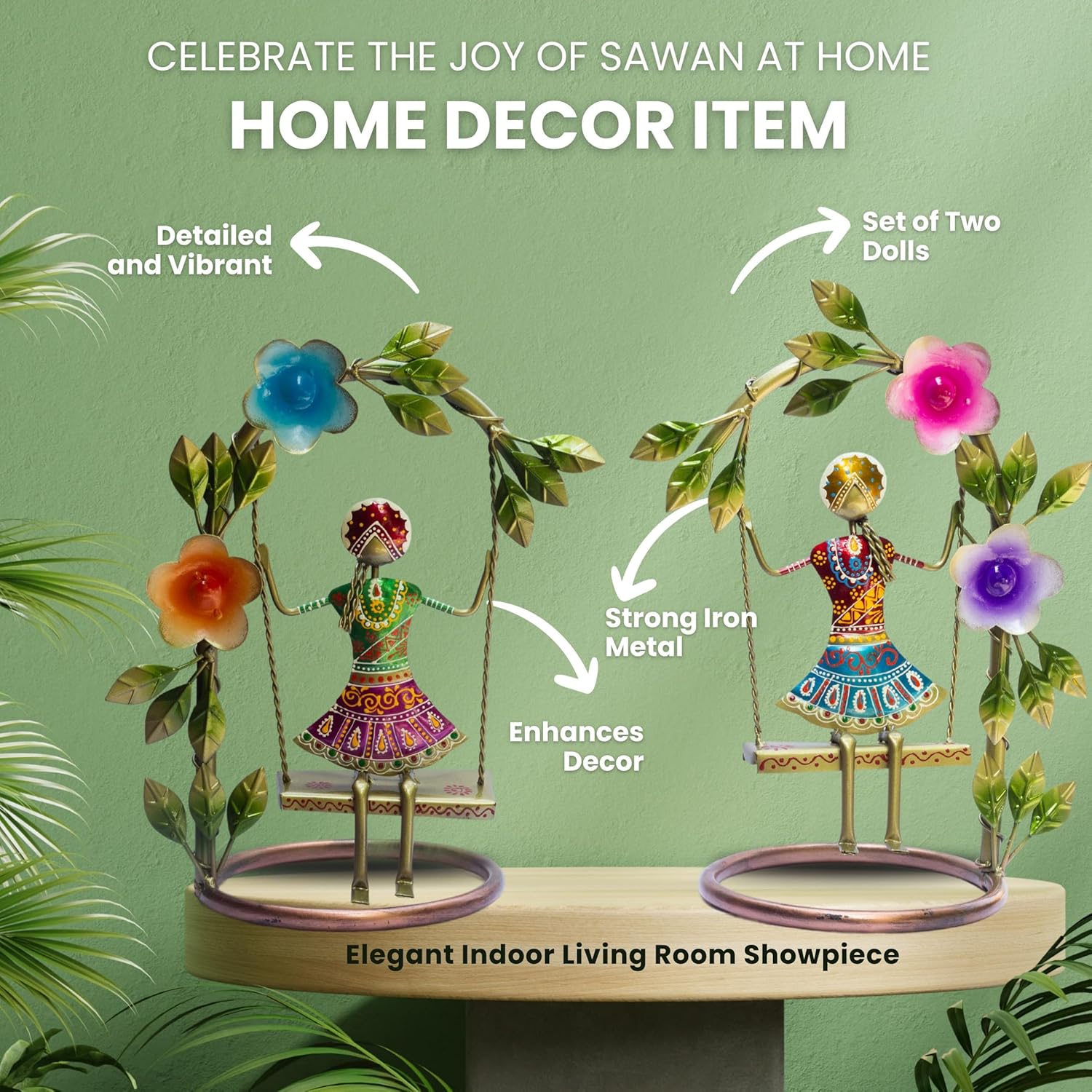 Sawan ke Jhule Handcrafted Metal Showpiece Set for Home Decor | Ethnic Iron Women Figurines with Floral Arch for Living Room, Shelf, Festive Gift, Navratri Decor (9x14inch) — photo — 2 of 8