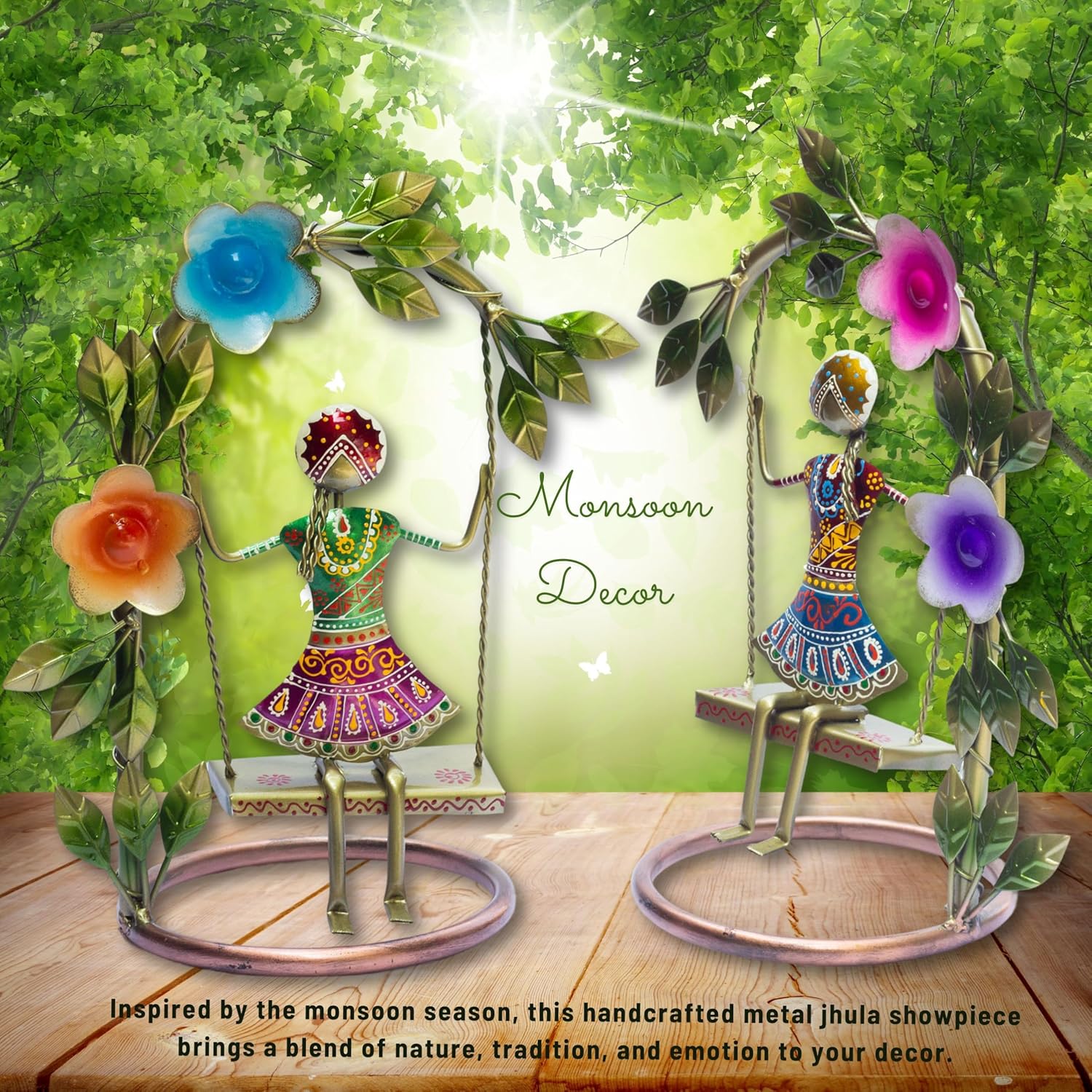 Sawan ke Jhule Handcrafted Metal Showpiece Set for Home Decor | Ethnic Iron Women Figurines with Floral Arch for Living Room, Shelf, Festive Gift, Navratri Decor (9x14inch) — photo — 3 of 8