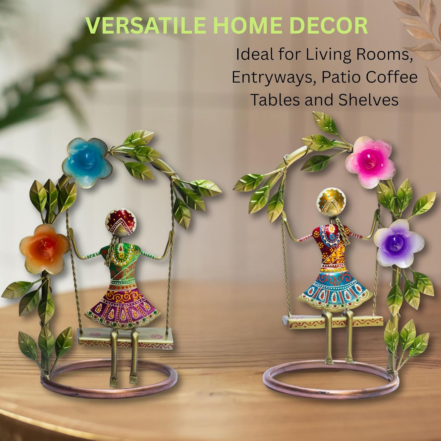 Sawan ke Jhule Handcrafted Metal Showpiece Set for Home Decor | Ethnic Iron Women Figurines with Floral Arch for Living Room, Shelf, Festive Gift, Navratri Decor (9x14inch) — photo — 7 of 8